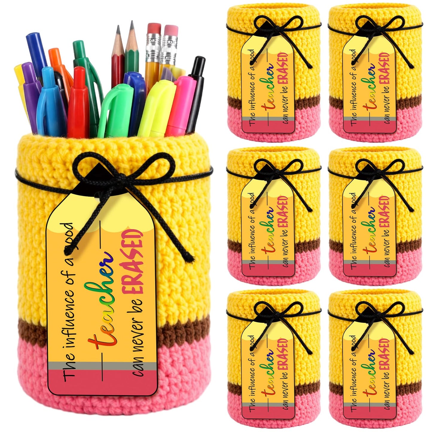 Rivvlive 6 Set Crochet Teacher Appreciation Gift Pencil Holder with Positive Card Classroom Desk Stationery Storage Organizer Thank You Gifts for Teachers Educator Staff Office School Supplies