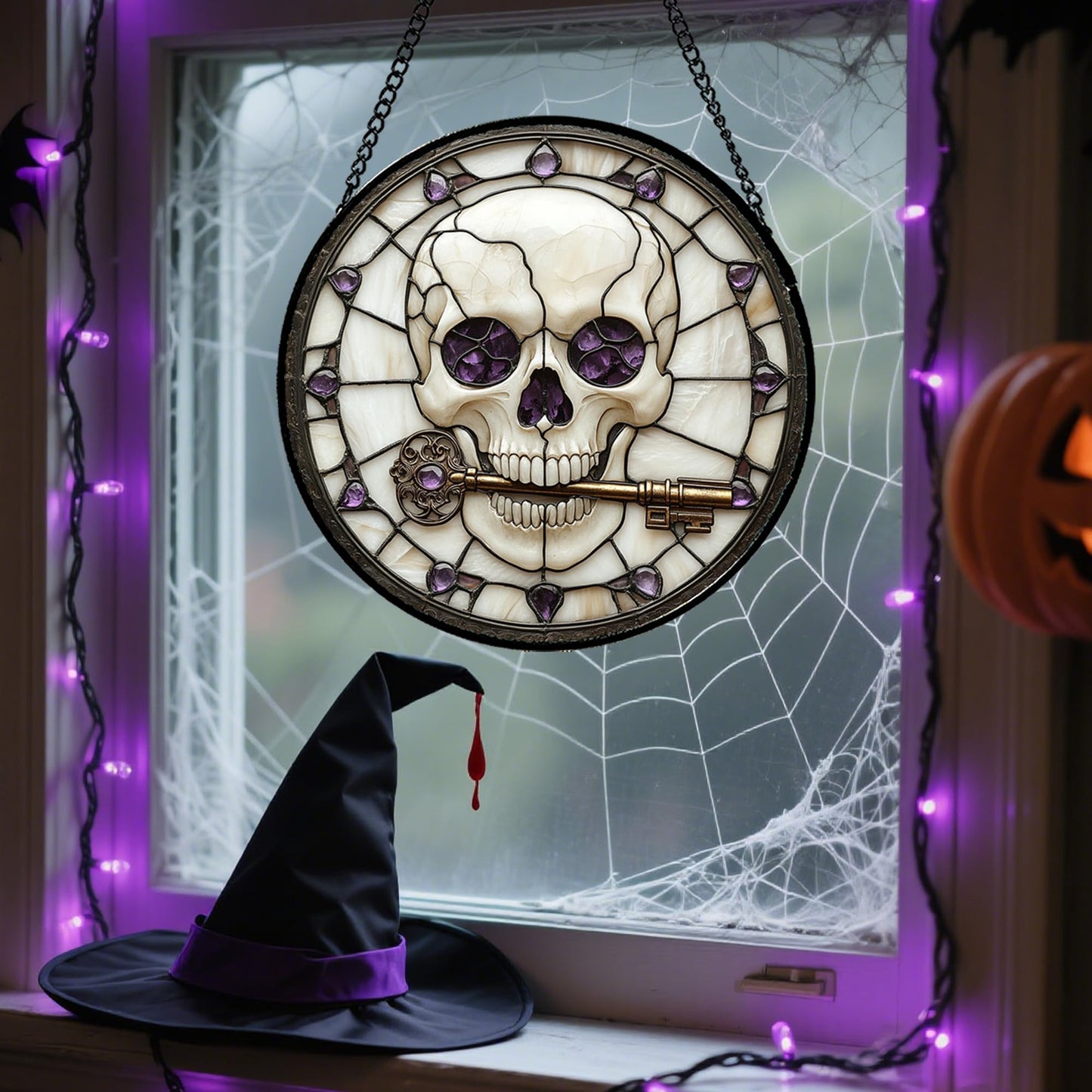 CRISGIF Stained Glass Window Hanging - Halloween Scary Skull Suncatcher for Doors Garden Home Spooky Purple Skeleton Key Sun Catchers Gothic Decor Horror Gifts for Women Men Friend Boy Girl 6.3 in