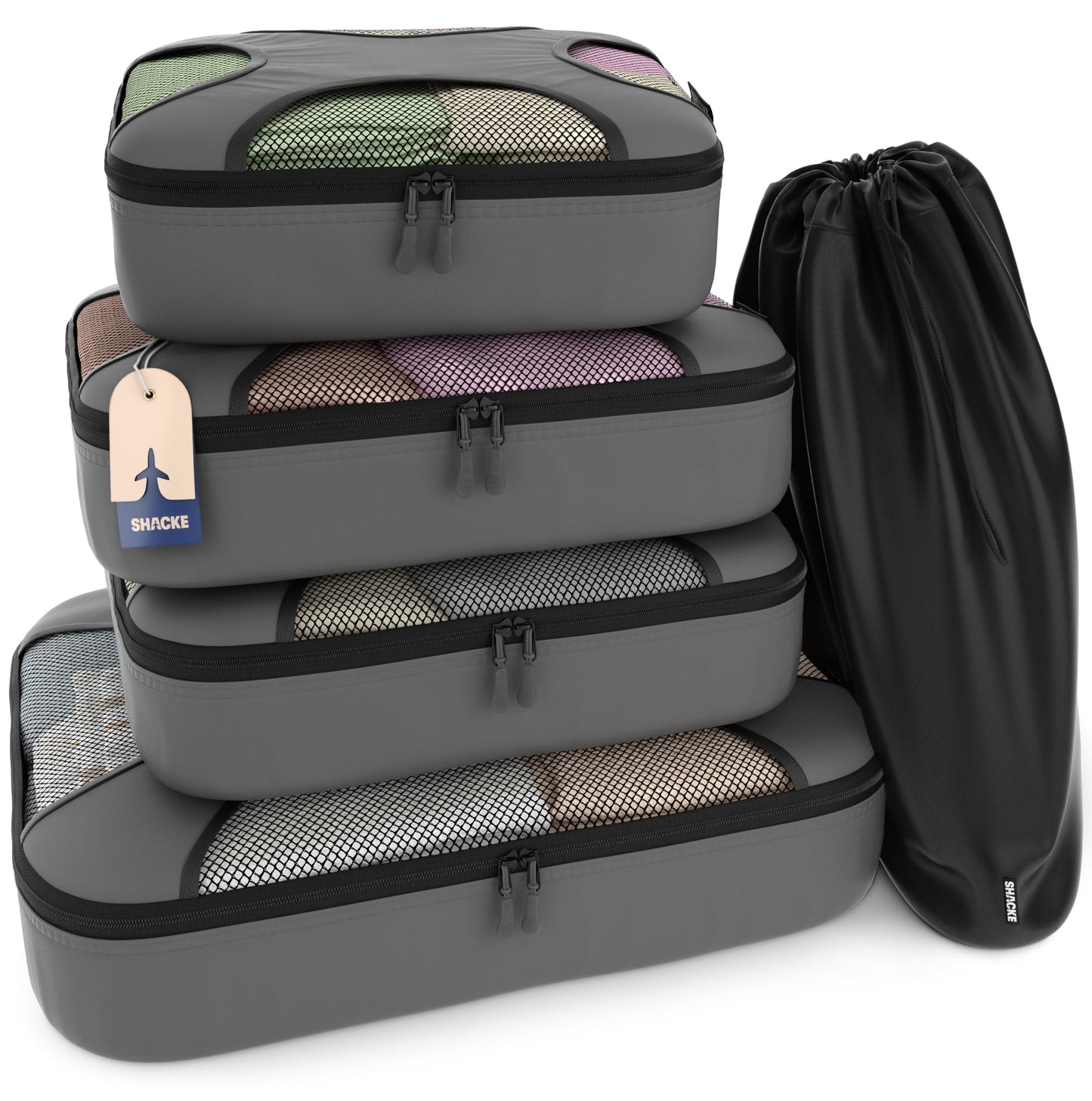 Shacke Packing Cubes for Travel 5 Set - Premium Luggage Organizer Bags - Versatile Travel Organizer for Women and Men - Optimized Packing Bags - Travel Essentials (Dark Grey)