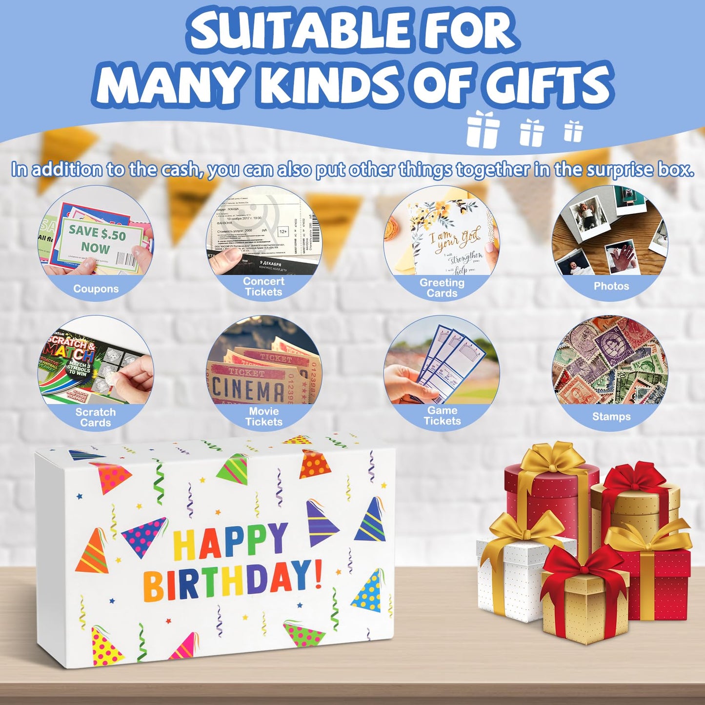 WenmthG Happy Birthday Surprise Gift Box Explosion for Money - DIY Pop Out Folding Bounce Explosion Gift Box with Confetti - Birthday Money Bank - Cash Gift Idea for Women Men Kids (White)