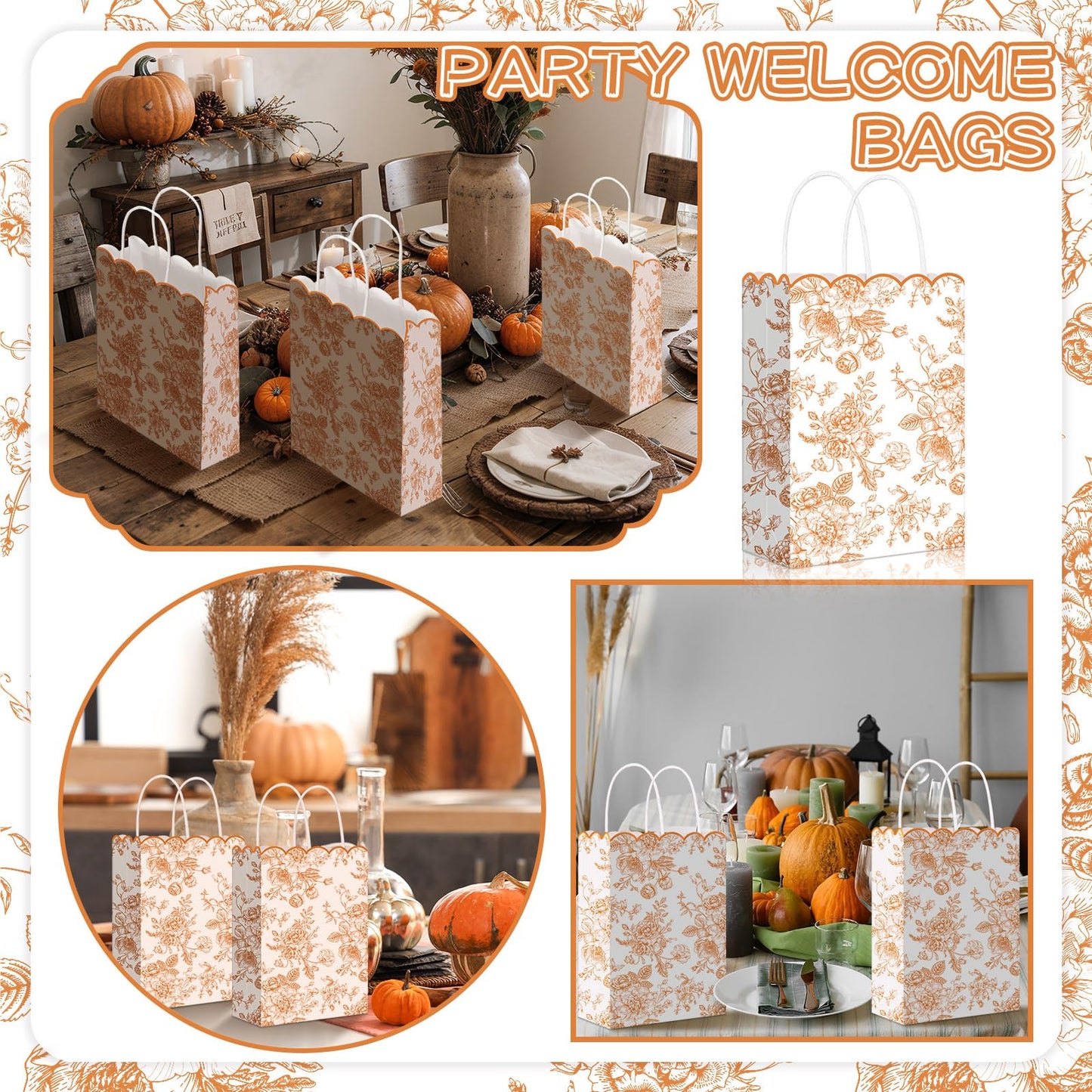 Kolldenn 24 Pcs Fall Floral Gift Bags with Handles Fall Party Favor Candy Treat Goodie Bags Scalloped for Birthday Decoration for Bridal Baby Shower Party Supplies