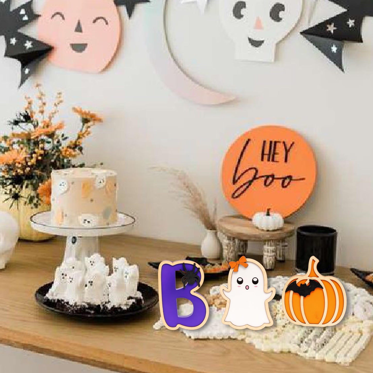 ZAIBIANHAO 3PCS Halloween WoodenTable Decorations Indoor - Halloween Spooky Wood Plank Signs for Party Home Display,Halloween Tiered Tray Table Centerpiece,Indoor Home Window Mantel Table Topper
