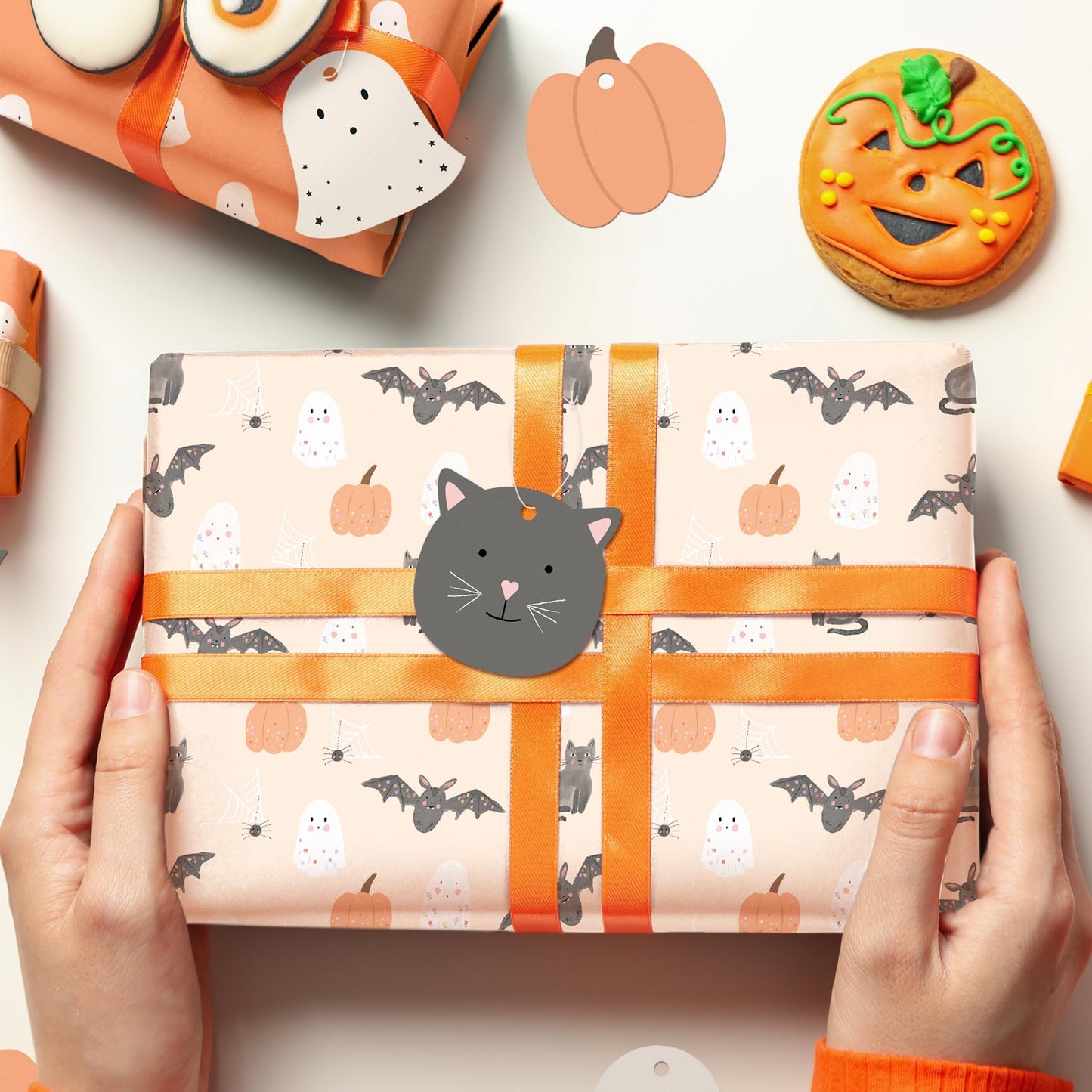 Cheerland Halloween Party Decorations Cute Spooky Pumpkin Treat Bags With Wrapping Paper for Horror Theme Birthday Baby Shower Summerween Party Supplies