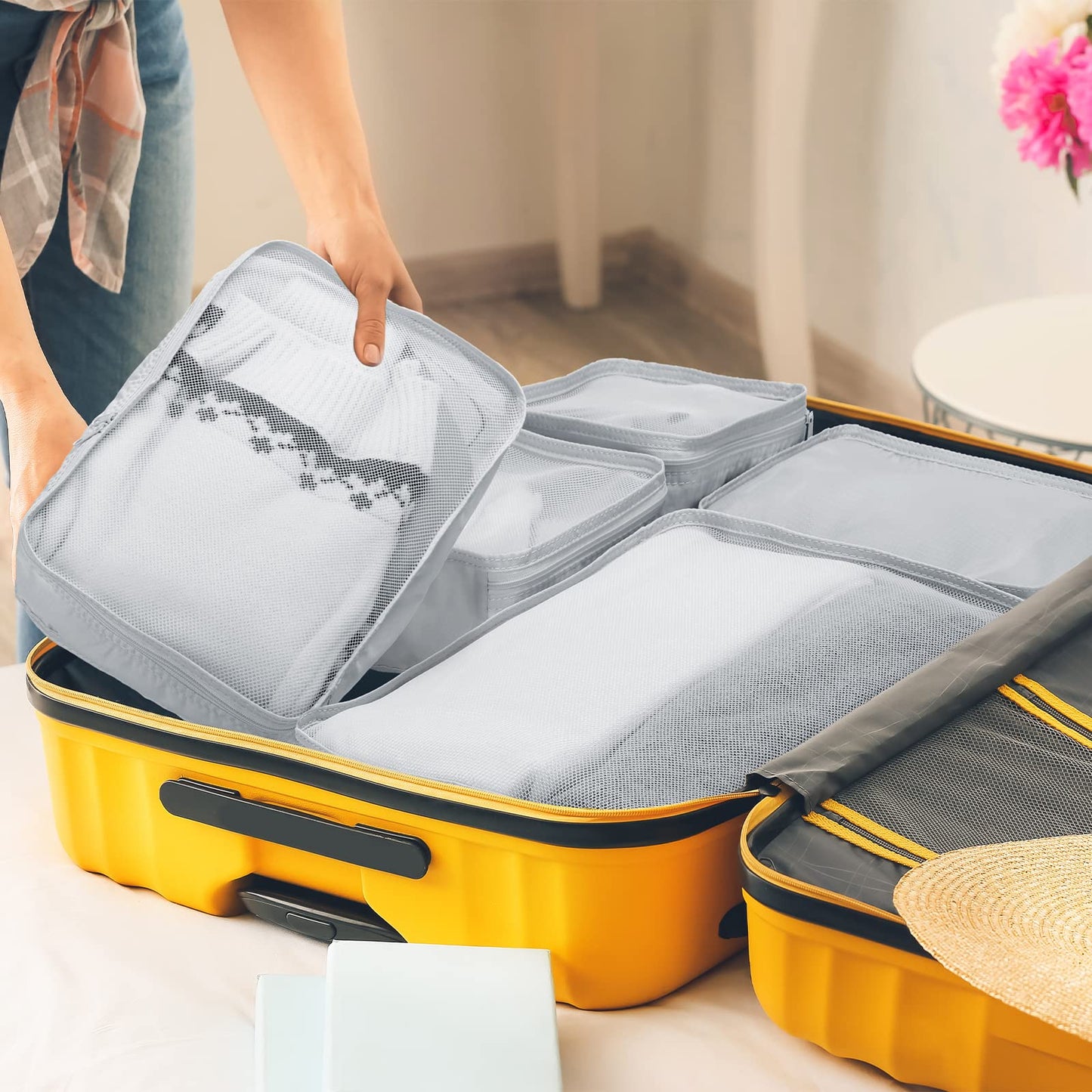 Reginary 2 Packs 6 Set Travel Packing Cubes Luggage Organizer Set Lightweight Suitcase with Shoe Bag for Clothes Toiletries (Gray)