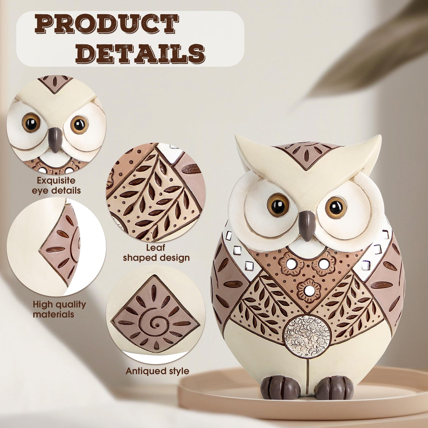 Owl Statue Home Decor Accents, Boho Decor for Living Room, Cute Owl Figurines Shelf Table Desk, Animal Statues and Sculptures Indoor Decorations for Women, Bird Lover Collection Wisdom Symbol