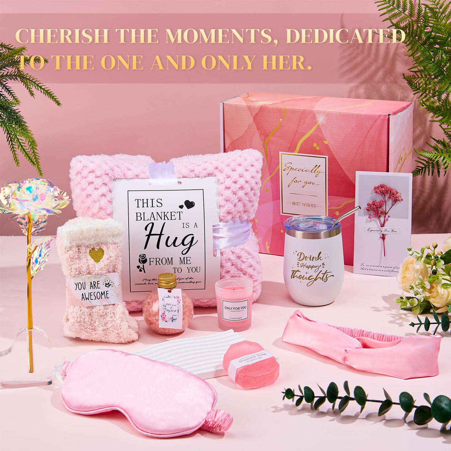 Mothers Day Birthday Gifts for Women Self Care Gift Get Well Soon Gifts, Rose Relaxing SPA Gift Basket Care Package, Luxury Flannel Blanket Mother's Day Gift for Mom Her Wife Grandma Daughter Pink