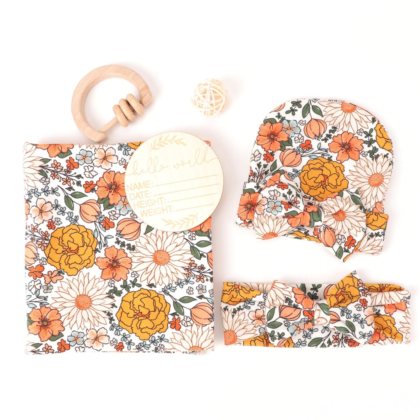 DRESHOW BQUBO Baby Girl Newborn Floral Receiving Blankets with Bow Hat Headband Wooden Birth Announcement Card Set Newborn Baby Swaddling Hats Sleepsack Toddler Warm Shower Gift