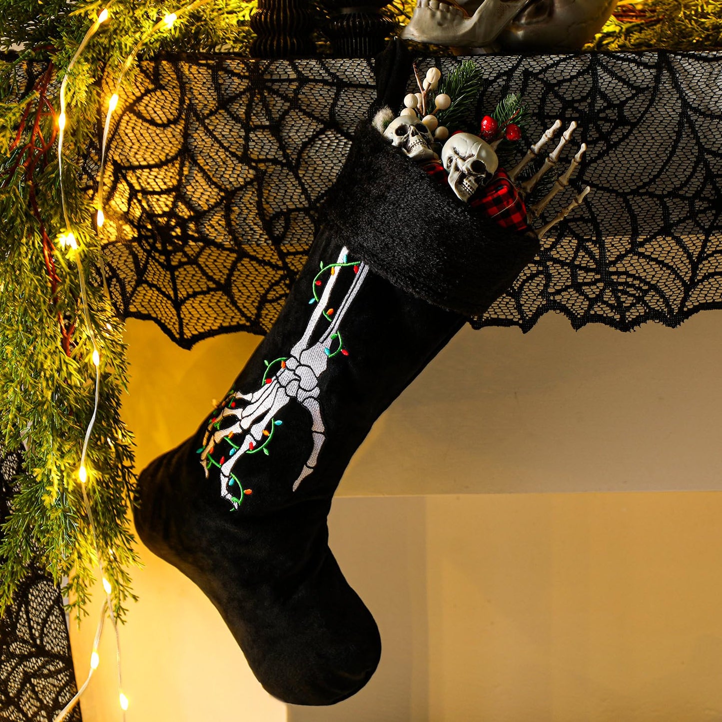Croknit 2 Pcs Gothic Christmas Stocking Black Velvet Stocking Goth Xmas Skeleton Hand Embroidered Stockings Hanging Ornaments Santa Candy Gift Bags for Christmas Home Decorations(Light)