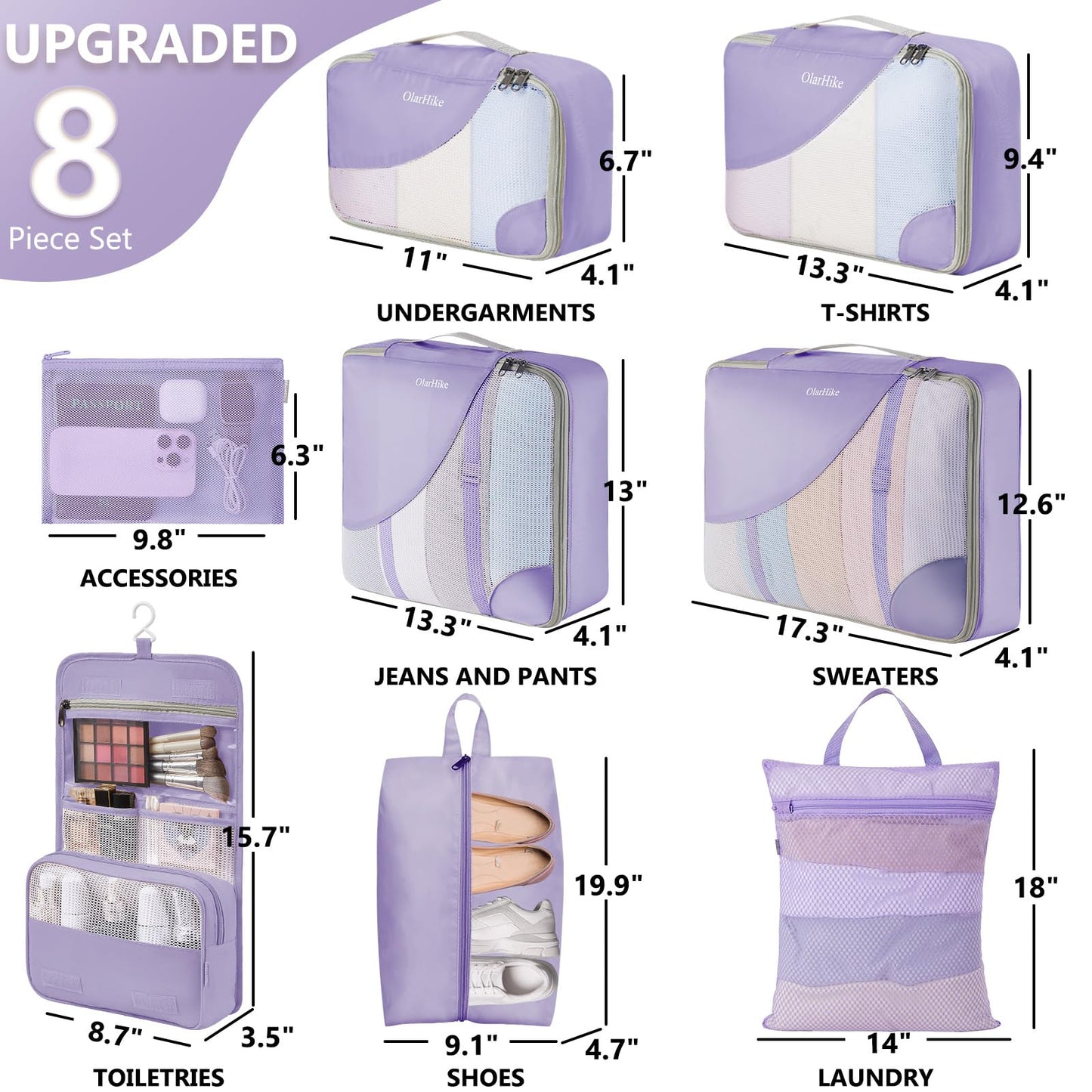 8 Set Packing Cubes for Travel, Gifts for Women Mom,Anti-Tearing Suitcase Organizer for Luggage with Shoe & Hanging Toiletry Bag,OlarHike Vacation Essentials & Accessories for Cruise Ship