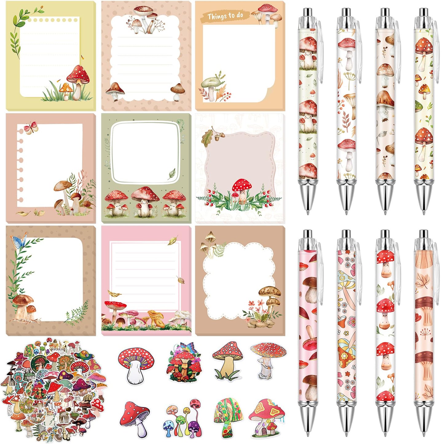 Fuyoooo Mushroom Gifts Set for Women Include Mushroom Ballpoint Pens Sticky Notes Stickers Office Stationery Supplies for Xmas Gifts Theme Birthday Party Favor Decor