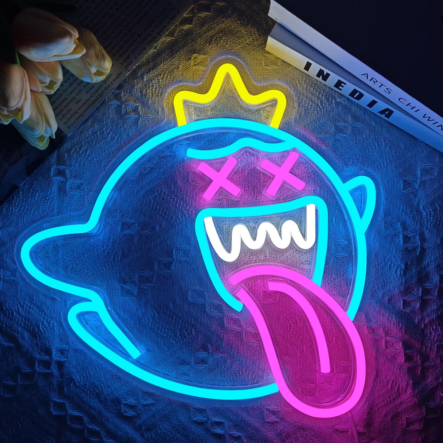 King Boo Neon Sign Dimmable Ghost Face Neon Light for Wall Decor Gamer Light Up Sign King Boo Neon Light for Bedroom Gaming Room Window Led Ice Blue Light Up Sign for Christmas Birthday Gifts Decoration