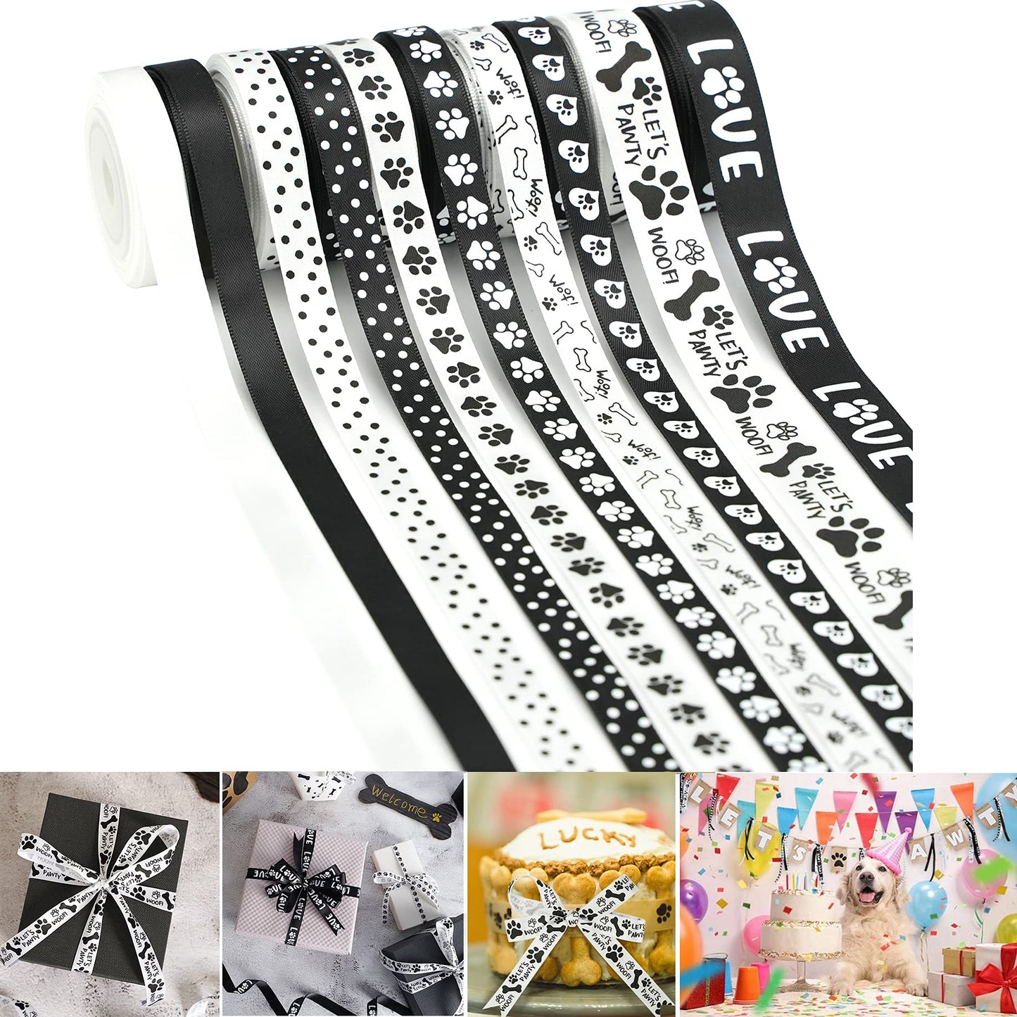 HUIHUANG Paw Print Bone Satin Ribbon Assortment - Black and White, 3/8" & " 5/8" Inch, 10 Rolls 50 Yards - Assorted Ribbon for Crafts, Dog Party Supplies, Gift Wrapping & Decoration