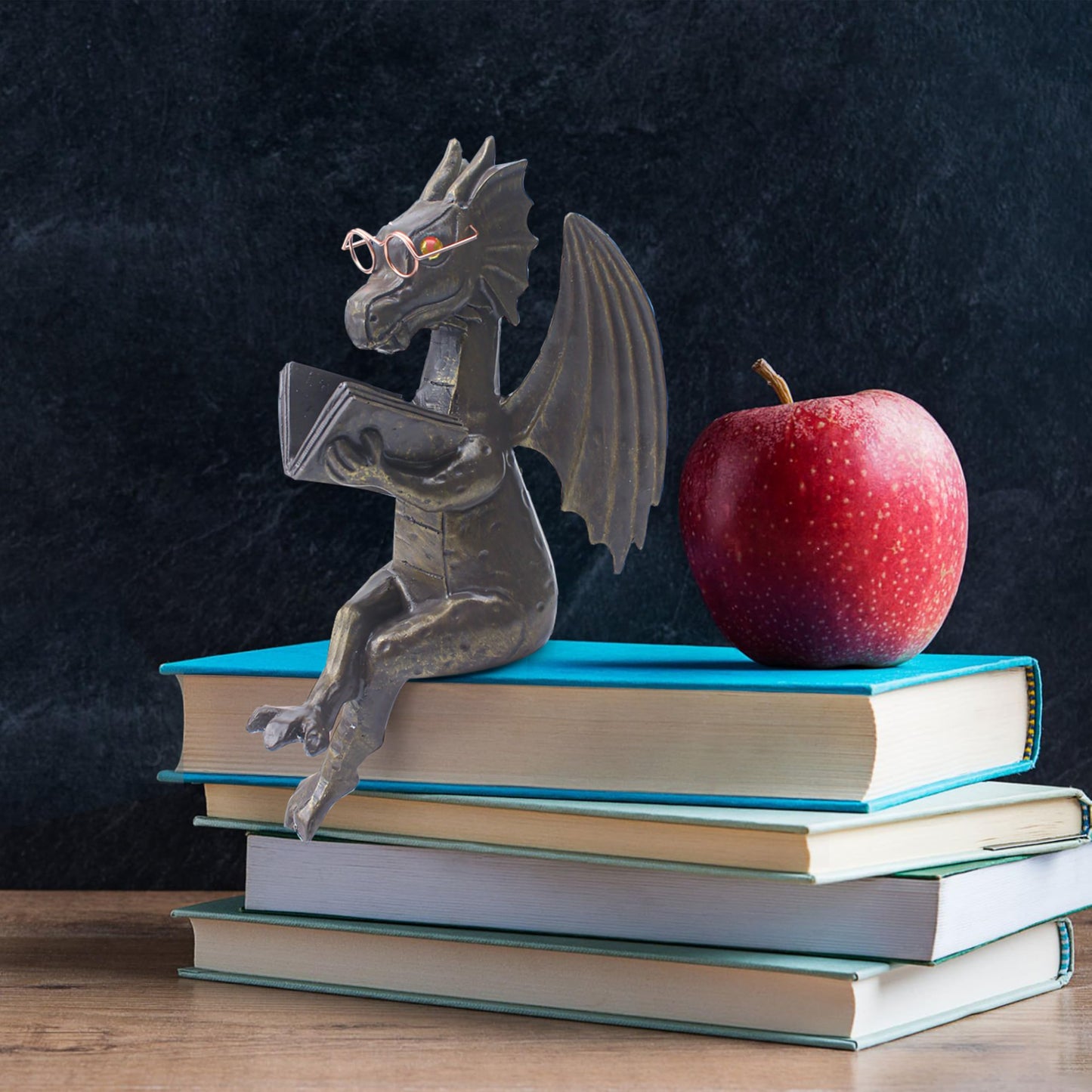 Dragon Reading Book Statue Figurine Sculpture, Wearing Glass Dinosaur Mini Cute Small Creative Ornament for Garden Bookshelf Decorations Adult Shelf Home Landscaping Outdoor Desktop Housewarming