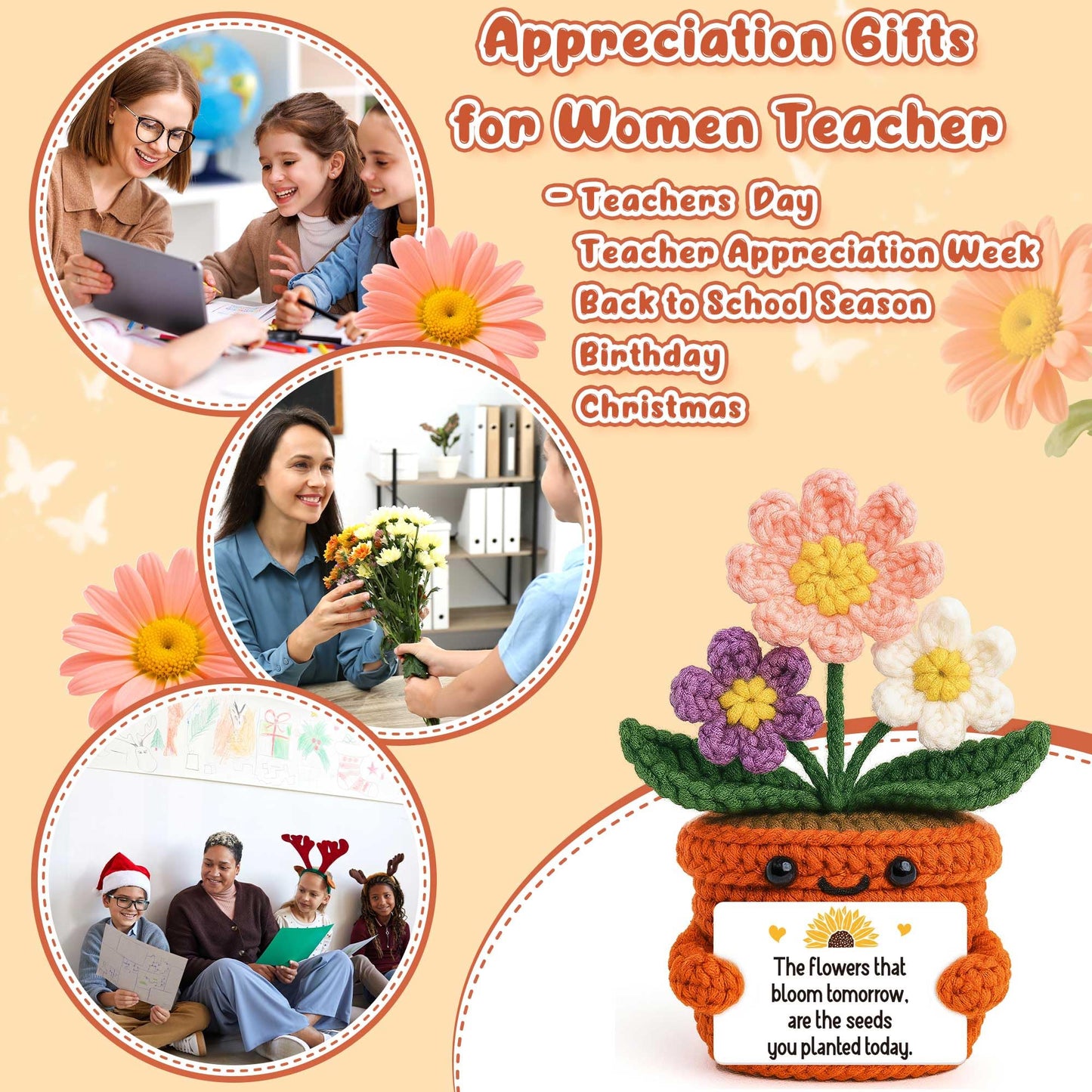 BackURyear Cute Women Teacher Appreciation Gifts, Thank You Christmas Graduation End of Year Gift for Best Female Mentor Mom, Crochet Daisy Present Woman Teachers Office Desk Decor