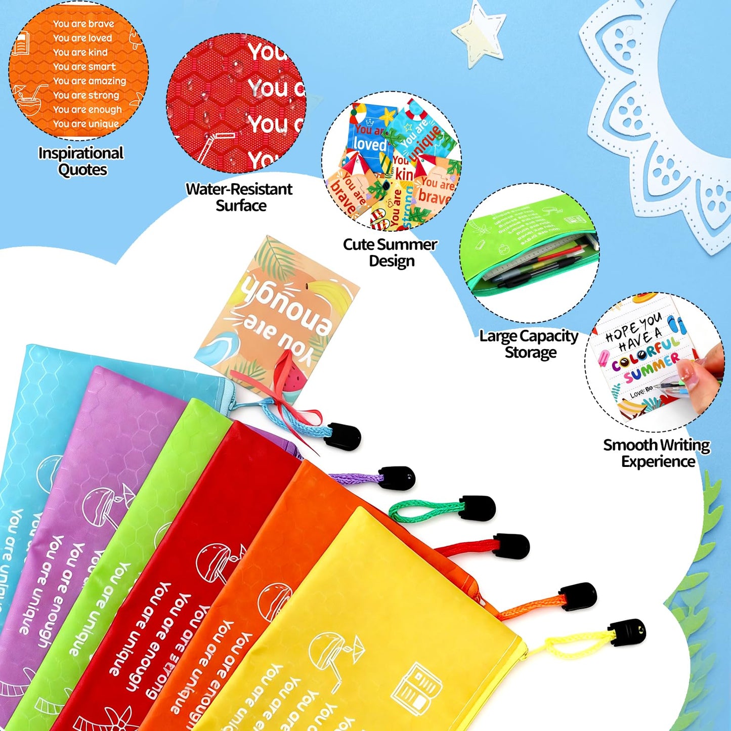 30 Sets 62Pcs End of Year Student Gifts from Teacher, Inspirational Rainbow Pencil Pouches Bulk, Summer Greeting Cards with Ribbons, Perfect for Classroom Rewards, Graduation and Summer Party Gifts