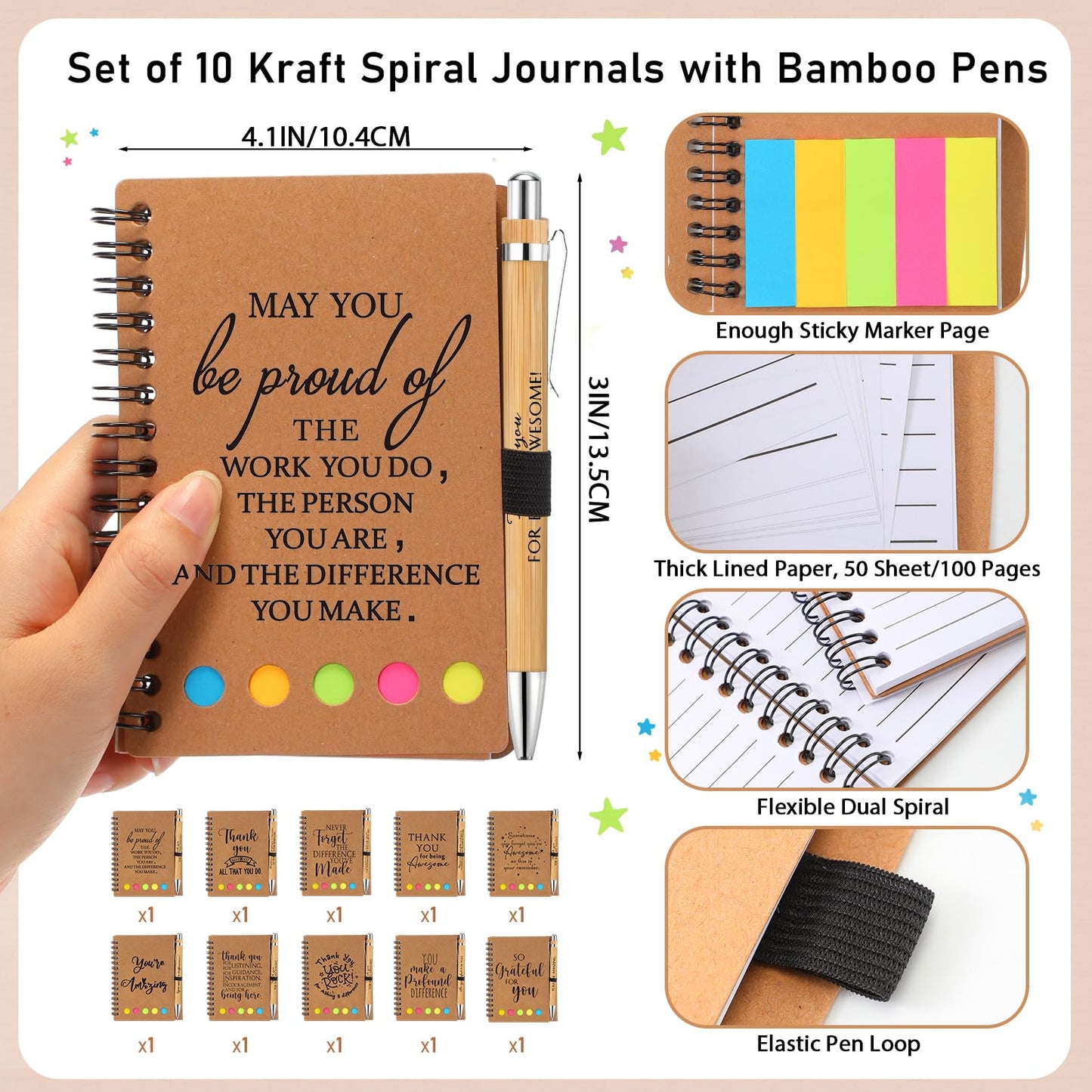 Honoson 10 Set Employee Appreciation Gifts Bulk Inspirational Notebook with Sticky Note and Bamboo Pen Set Thank You Gifts for Coworkers Team Staff Group Office Teacher (Kraft)