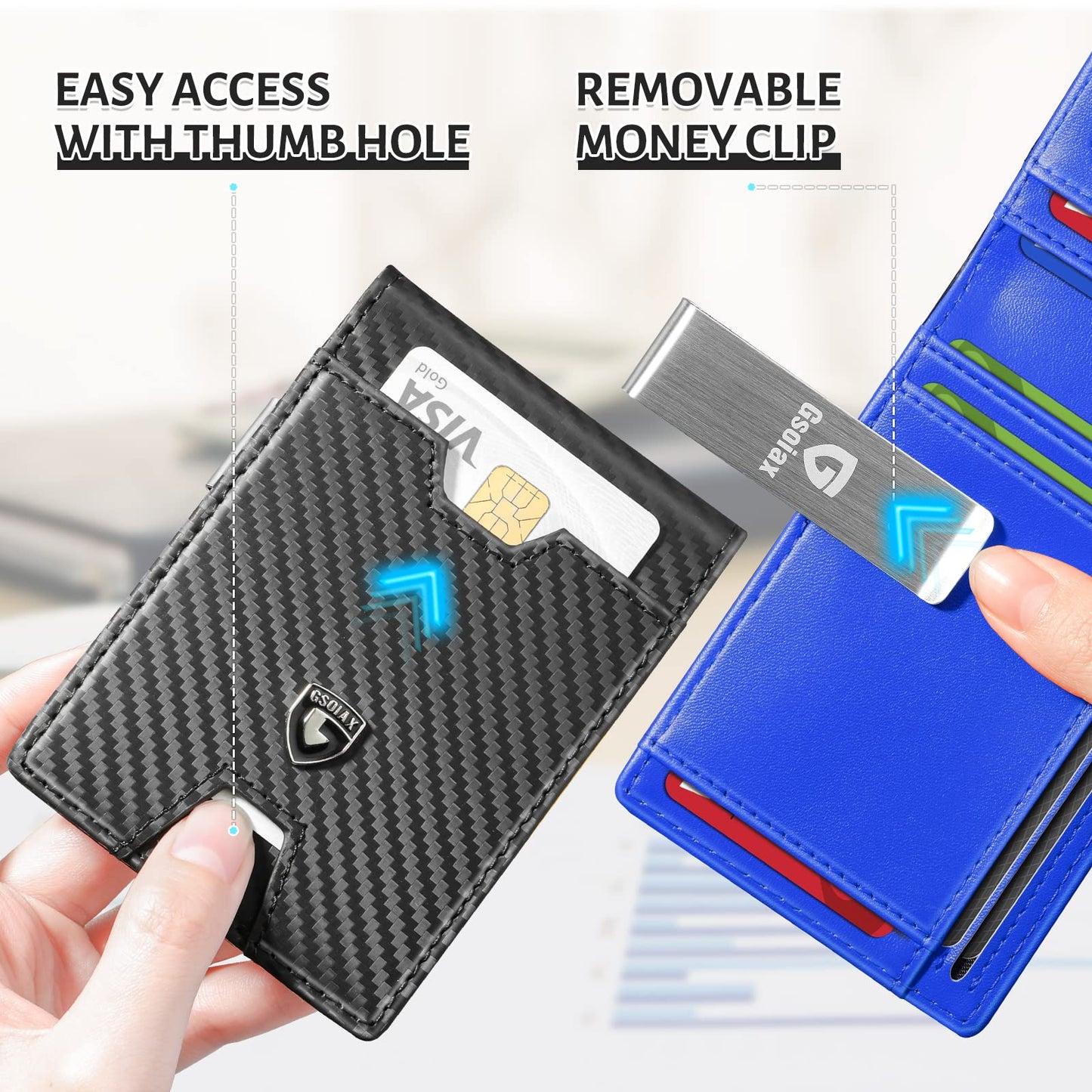 GSOIAX Men's Slim RFID Blocking Leather Wallet with Money Clip Minimalist Carbon Fiber Bifold Credit Card Holder 11 Card Slots Stocking Stuffers Included Gift Box (Carbon Blue)