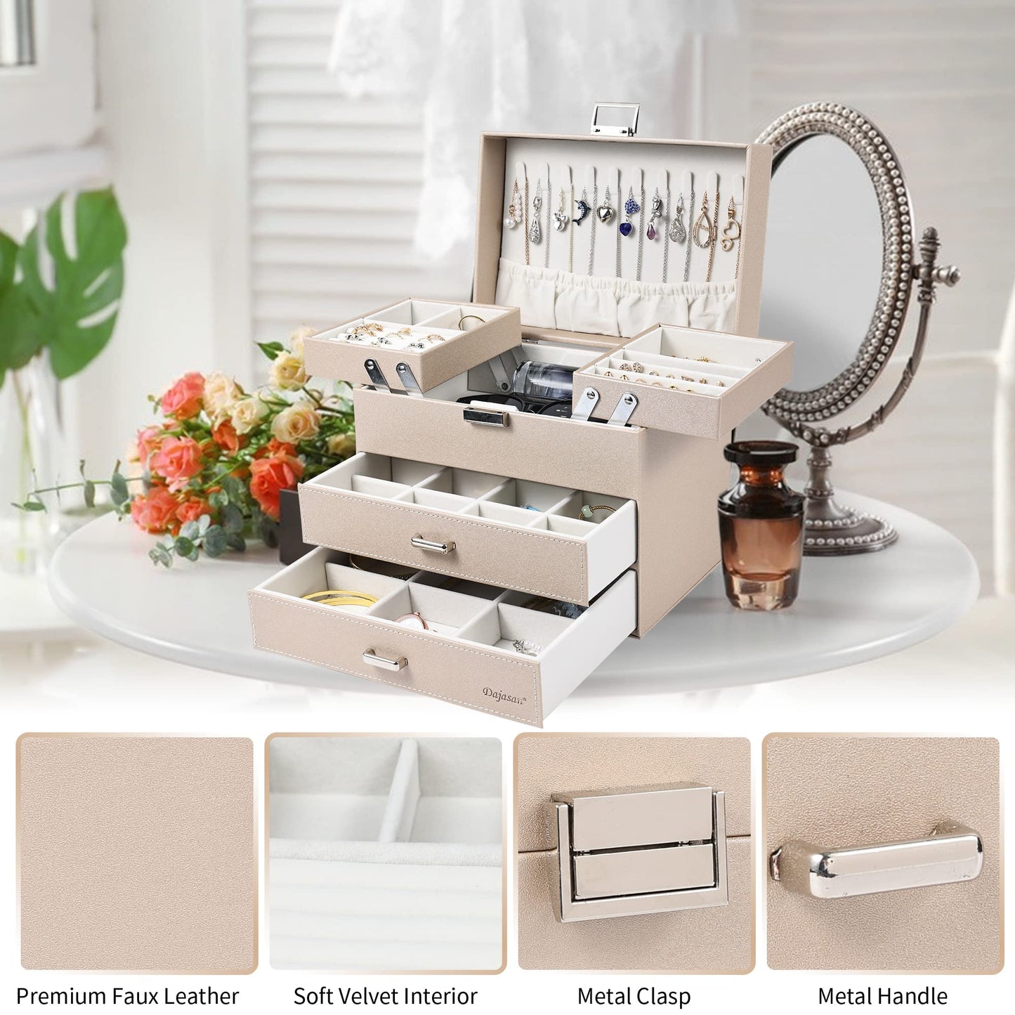 Dajasan Jewelry Organizer Box, Large Jewelry Boxes for Women Girls, Space-Saving 4 Layers Jewelry Storage Case with Drawer, Movable Metal Stand, Modern, Gift Idea (Champagne + Silver)