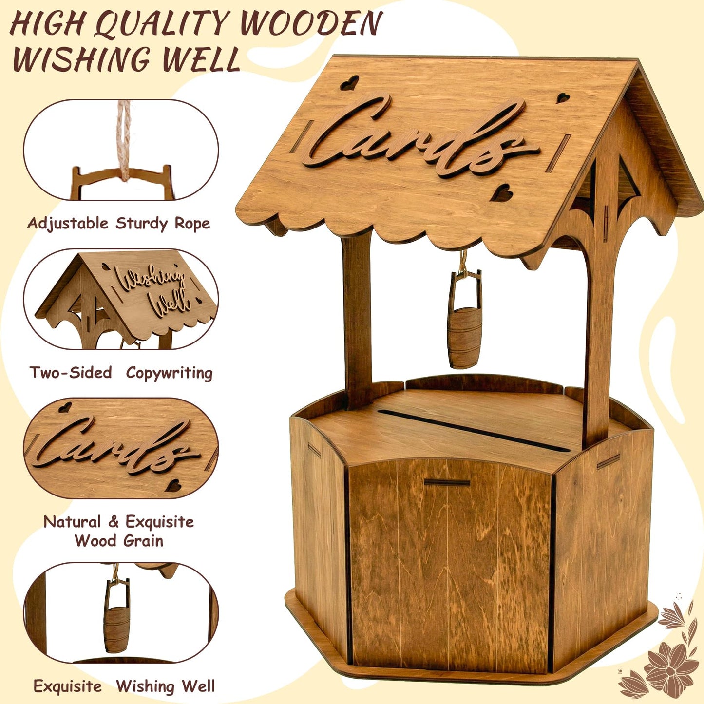 OurWarm Brown Wood Wishing Well Wedding Card Box for Reception, Rustic Wooden Boxes Money Gift Card Box for Party Wedding Decorations Birthday & Baby Shower Decor