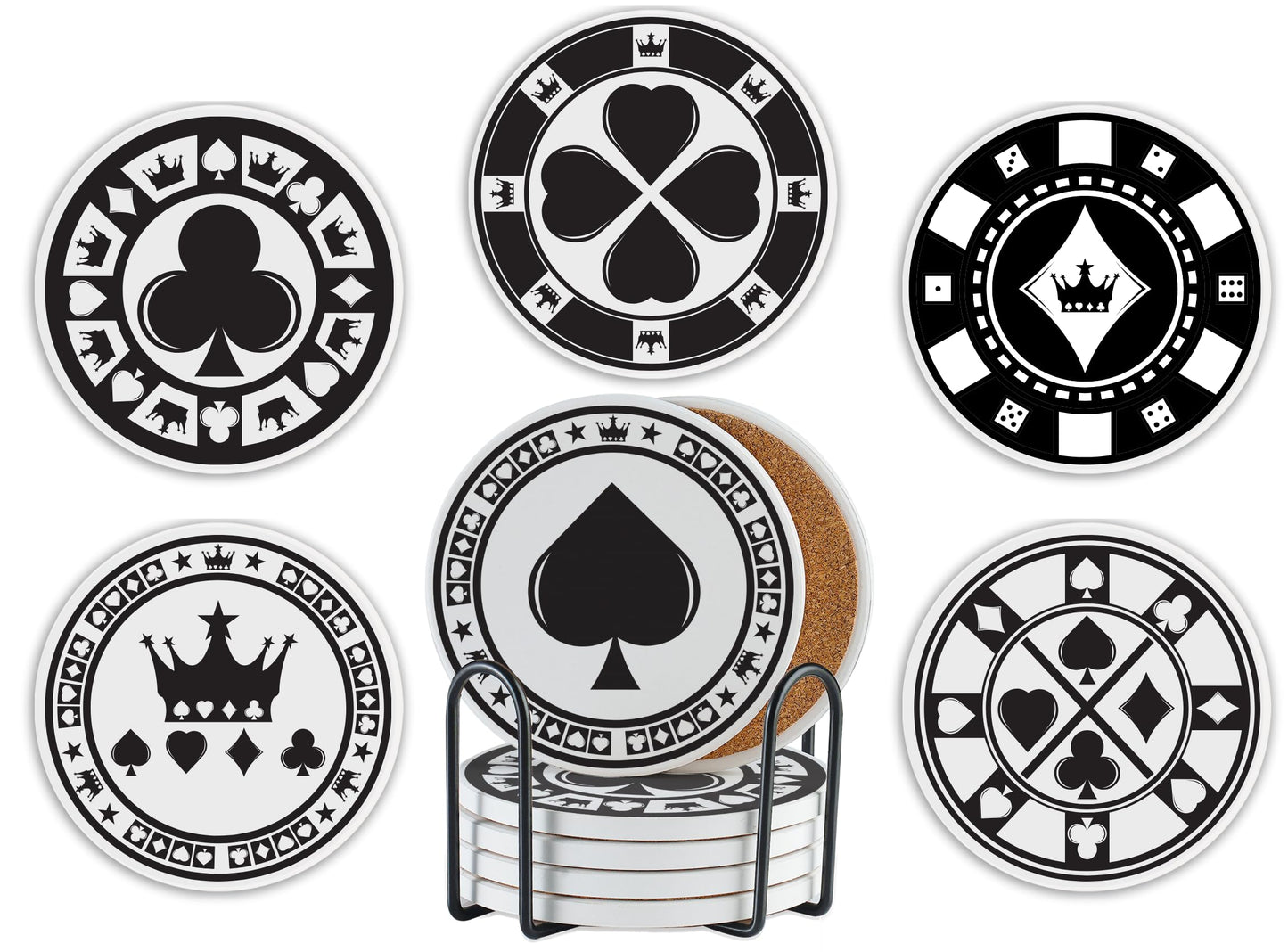 Onebttl Poker Gifts, Funny Casino Gifts for Poker Lovers, Poker Gifts for Men, 6pcs Pack Bar Coasters, Ceramic, Absorbent with Cork Base