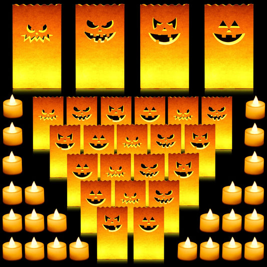 Meanplan 48 Pcs Halloween Luminary Bags with LED Light Candles Set 24 Pcs Luminary Candle Bags 24 Pcs LED Tealight Candles Ghost Lantern Bags for Halloween Outdoor Indoor Patio Decorations (Classic)