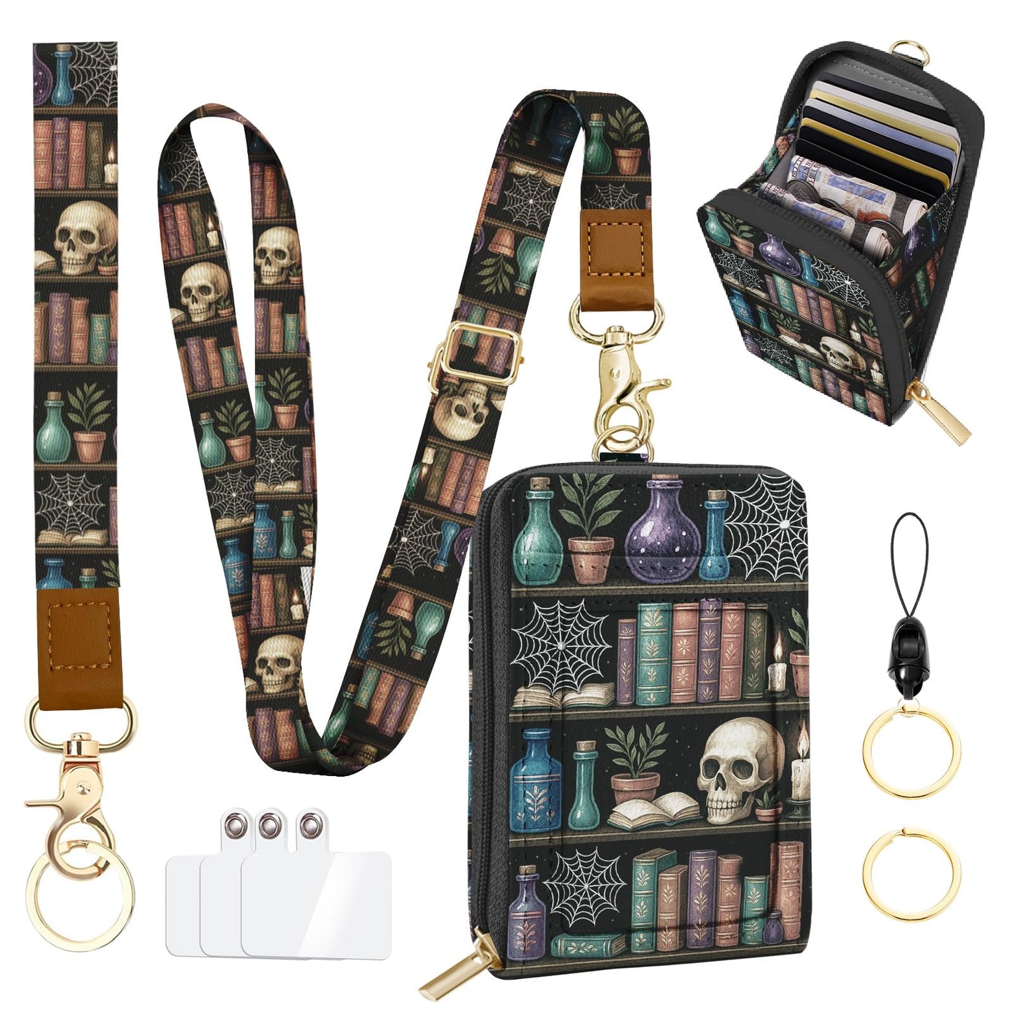 QRZIQRZ Lanyards Wallet & ID Badge Holder,Skull Bookshelf ID Case with Zipper,RFID Credit Card Holder for Women,Detachable Neck Lanyard Wrist Strap with Keychain Phone Holder for Teacher Nurse Gifts