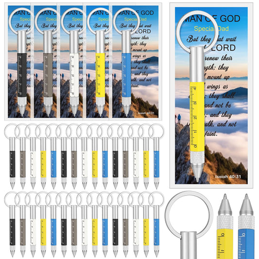 30 Sets Father Day Christian Church Gifts Bulk Man of God Gift for Men 6 in 1 Multi Tool Pen Keyring Screwdriver Pen with Bible Verse Bookmarks for Father's Day Men Pastor Dad Husband Birthday