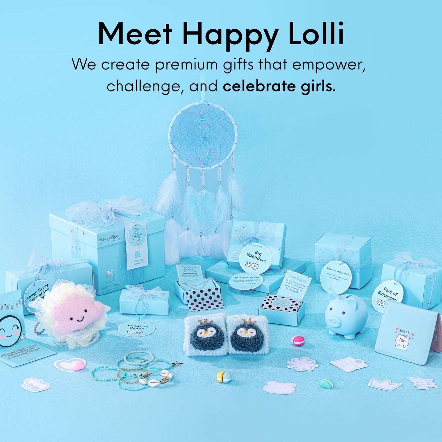 HAPPY LOLLI Blue LolliBox Gift Set for Tween & Teen Girls Ages 8–15, Birthday Gift Box, Ready-to-Gift Surprise Box with 8 Individually Wrapped Gifts & Empowering Challenges