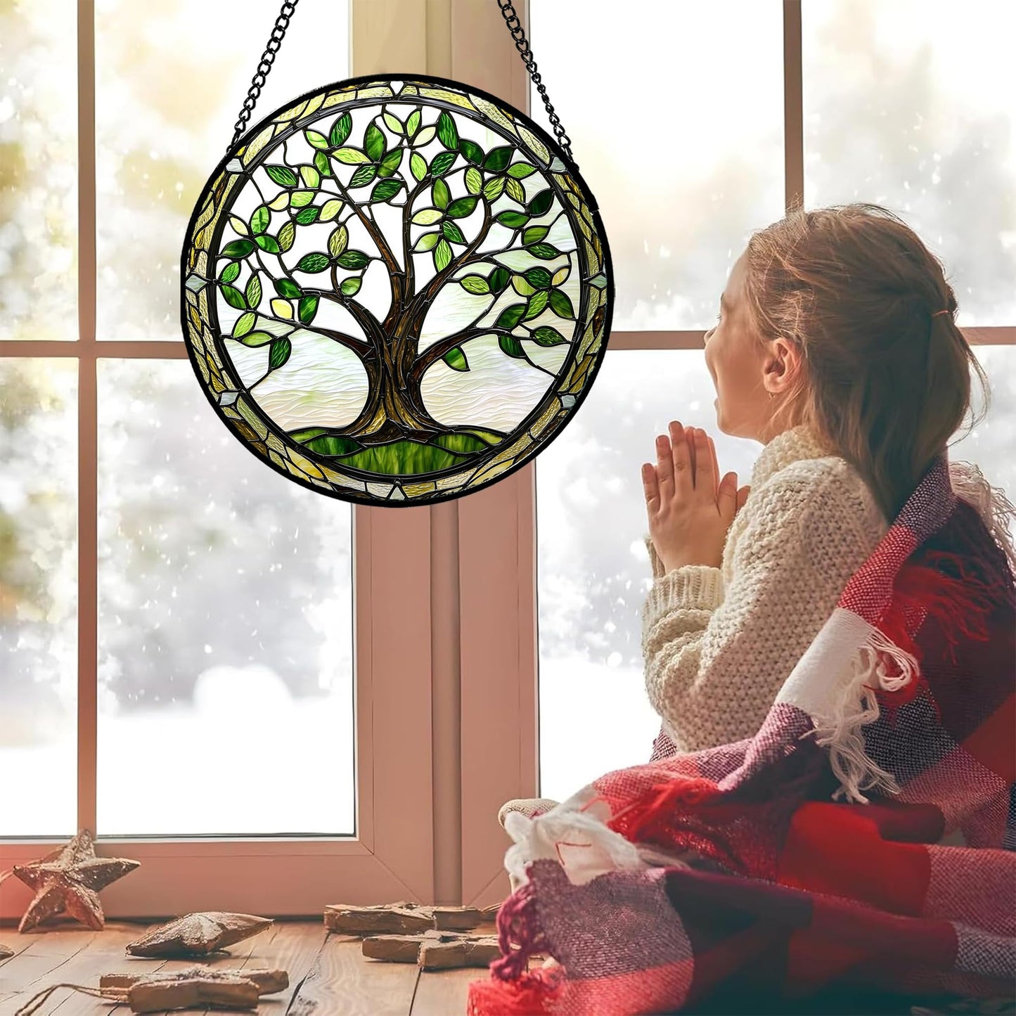 AMDERVEN Stained Glass Window Hanging - Brown Tree Trunk Green Leaves Sun Catcher for Door Garden Home Decor Plant Suncatcher Christmas Mother's Day Birthday Gifts for Women Men Mom Nana 6.3 in