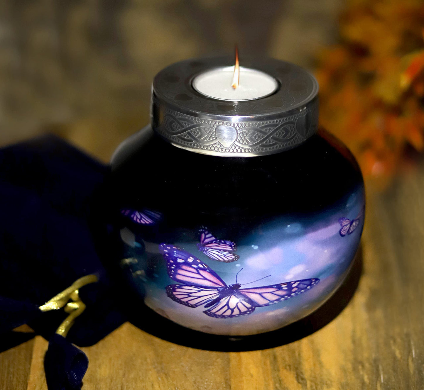 hlc Lovely Black Butterfly Cardinal Couple Bird Candle Urn - Keepsake Urn for Human Ashes with 1 Velvet Box Bag - Peaceful Engraved Memorial Affordable Keepsake Urn (6 x 5 in)