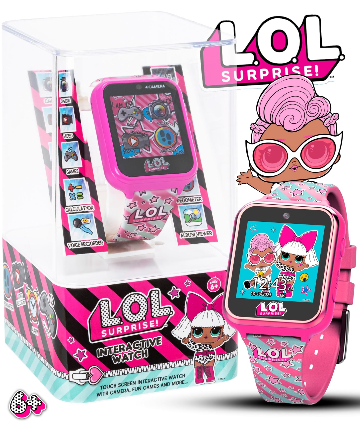 L.O.L. Surprise Kids Smart Watch with Touchscreen Selfie Camera Voice Recorder Calculator and Step Counter – Interactive Watch with Games and 10 Character Watch Faces – Fits Wrist Sizes 5.5" to 8"