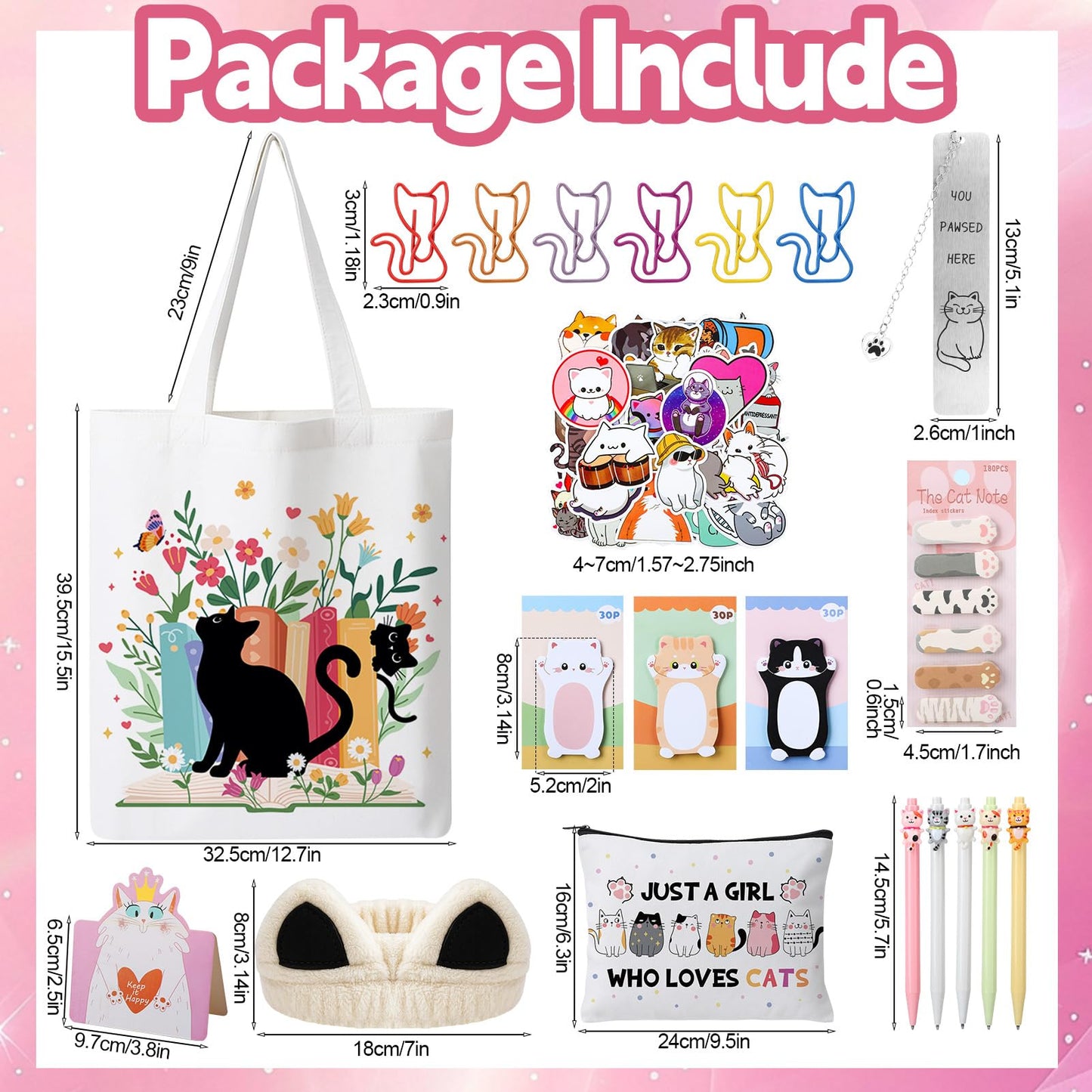 Cat Gifts for Cat Lovers Cat Office Supplies Canvas Tote Bag Spa Headband Cute Sticky Notepad Paper Clips Ballpoint Pen Cartoon Stickers Party Favor for Birthday Festival Gifts