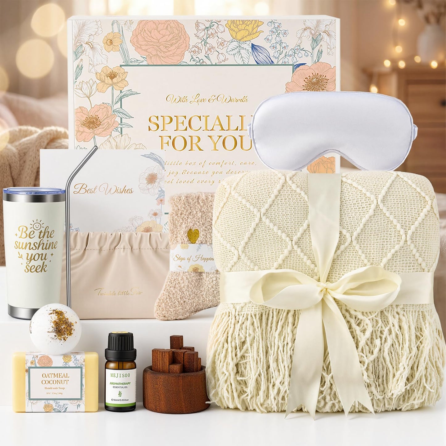 Mothers Day Birthday Gifts for Women, Get Well Gift Baskets for Women, Care Package Self Care Gift Box Thinking of You Inspirational Valentines Day Gift Set for Her Wife Firends, Beige