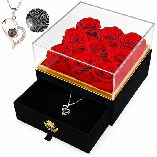 Eterno Bel Fiore Luxury Preserved Roses - I Love You Necklace - Velvet Box with Drawer - Luxury Gift for Valentines Day Birthdays Mother's Day Anniversaries - Wife Mom Girlfriend Sister