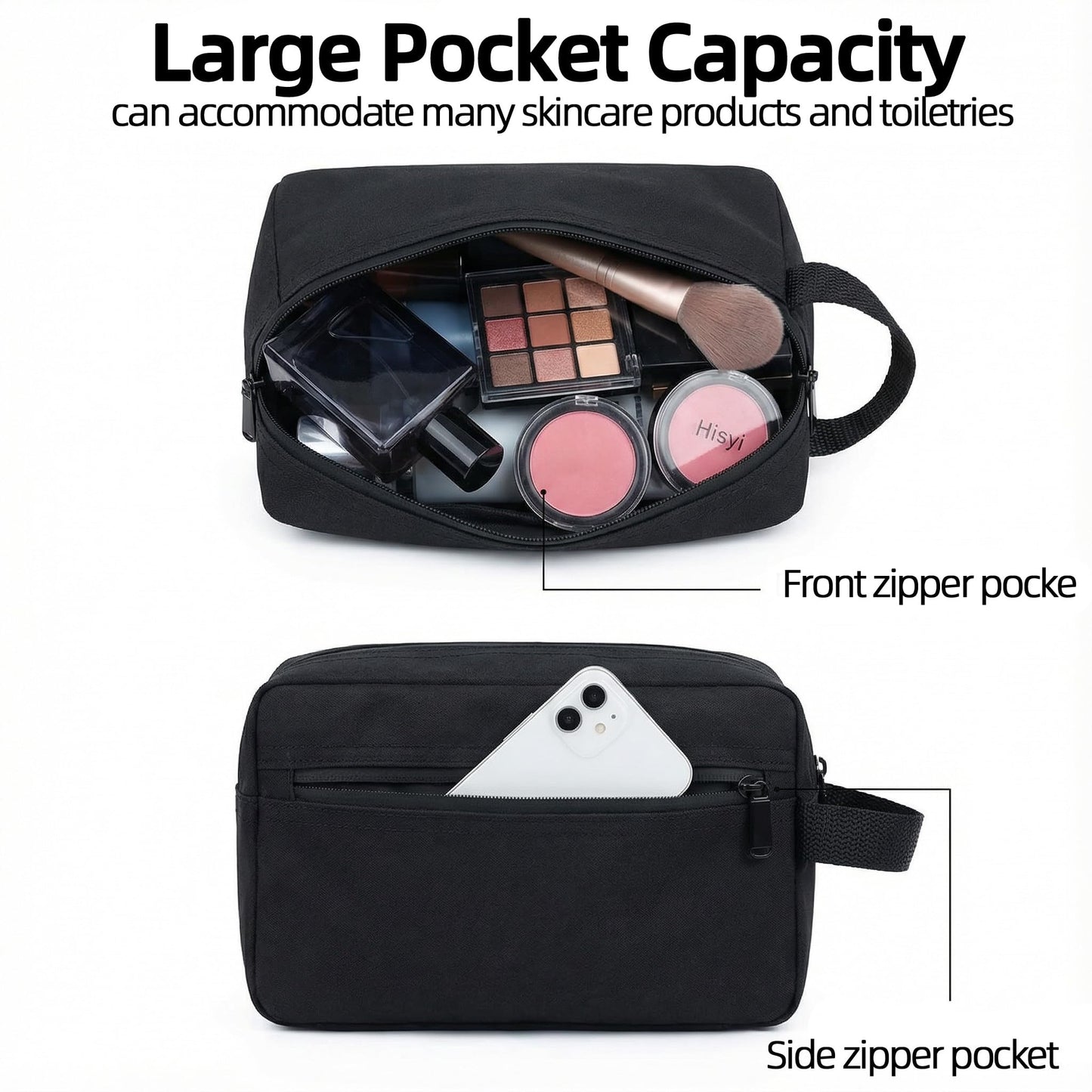 DSYSC Travel Toiletry Bag for Women Men, Small Makeup Bag, Water-Resistant Cosmetic Bag, Cosmetic Pouch, Traveling Dopp Kit, Travel Essentials Accessories (Black)