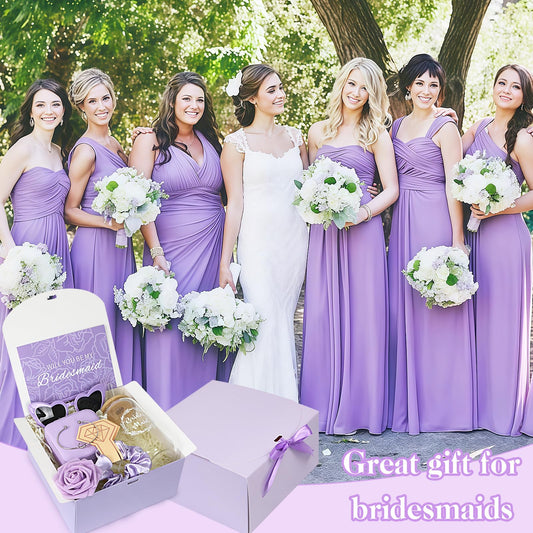 HOMENERGY Bridesmaid Proposal Gifts Set 6 - Will You Be My Bridesmaid Kit with Elegant Box Jewelry Box Glass Cup Invited Cards Knotted Bracelets Sunglasses Scrunchies Raffia Grass (Purple, 54 Pcs