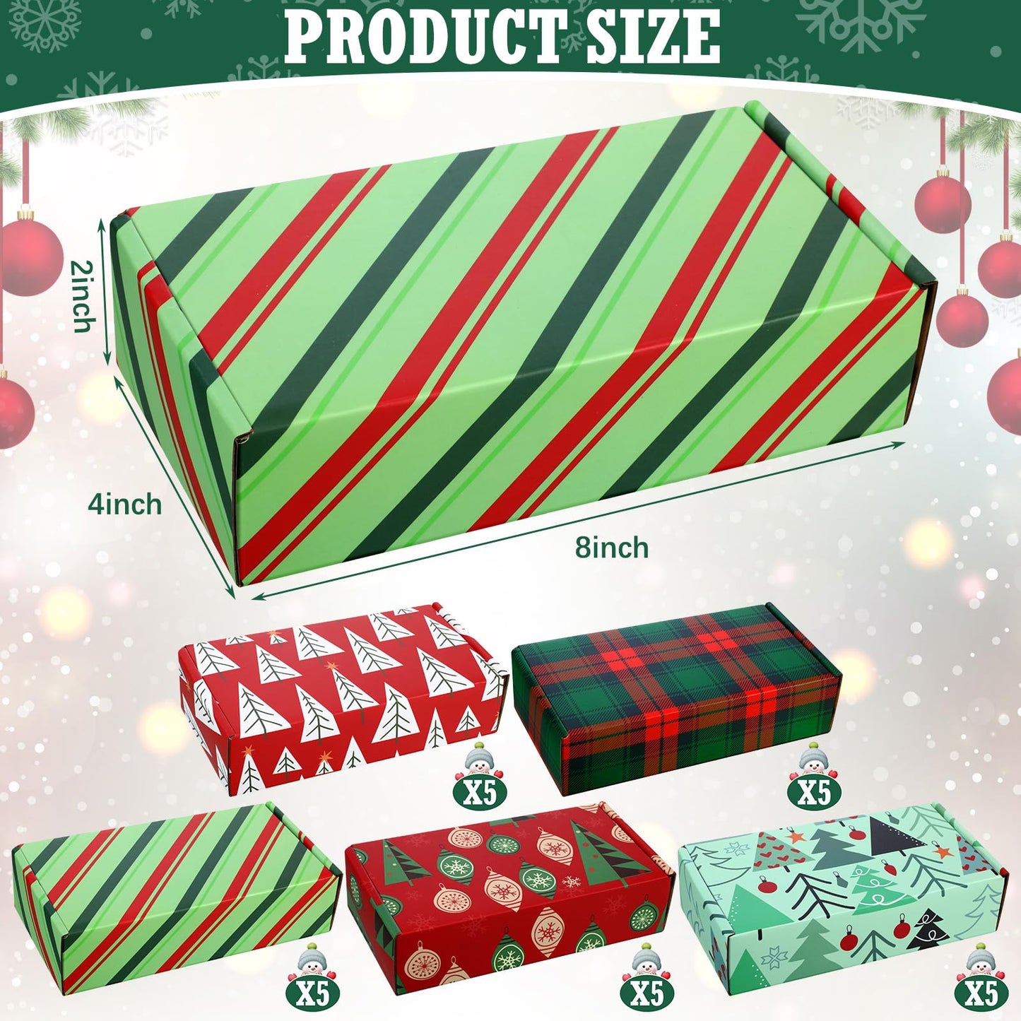 Zhanmai 25 Pcs Christmas Shipping Gift Boxes Small Holiday Mailing Cardboard Gifts Boxes Christmas Shipping Packaging Cases for Wrapping Holiday Goodie Present(4 x 8 x 2 Inch,Classic Style)