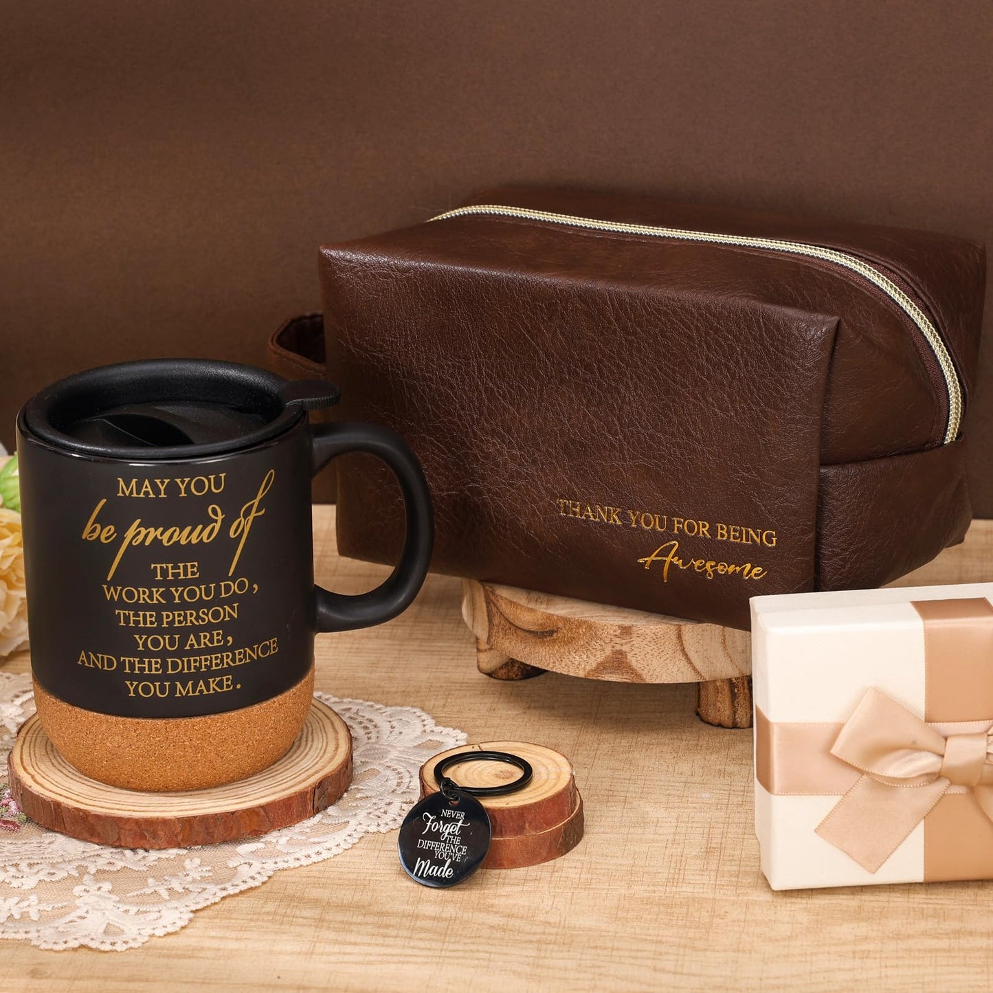 DERTE 12 Pcs Thank You Gift for Men Male Teacher Coworker Employee Appreciation Gift 15 oz Coffee Cup Leather Toiletry Bag Inspirational Keychain Set for Boss Staff Dad Fathers Day Husband Friends