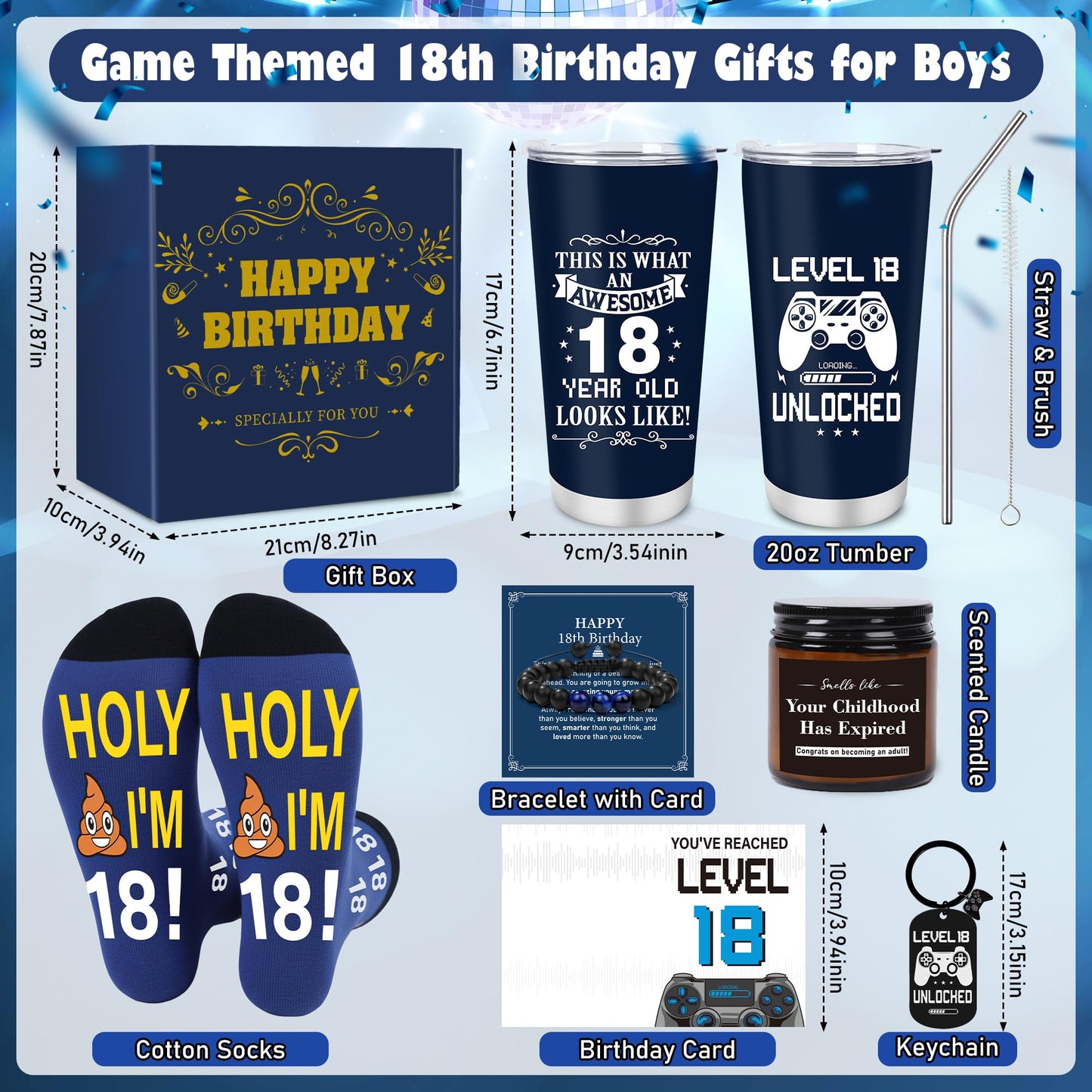 Keluna 18th Birthday Gifts for Boys - 18 Year Old Boy Birthday Gifts Idea with 20 Oz Tumbler, Bracelet, Socks, Keychain, Greeting Card for Son, Nephew, Grandson, Brother, Boyfriend Christmas Holiday