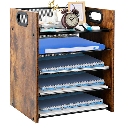 Boershun Wood Desk Organizer - 5-Tier Desktop File Organizer, Wooden Paper Tray, Office Desk Organzier and Accessories for Papers, Mail, Notebooks, Stationery