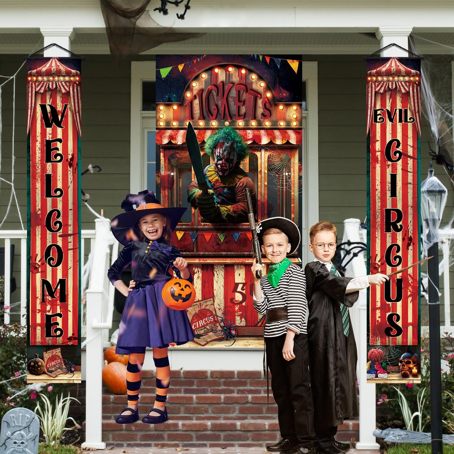 WovWeave 3 Pcs Halloween Creepy Carnival Decorations Include 2 Evil Circus Porch Banner and Scary Ticket Booth Circus Theme Door Cover for Halloween Backdrop Hanging Theme Party Outdoor Decorations