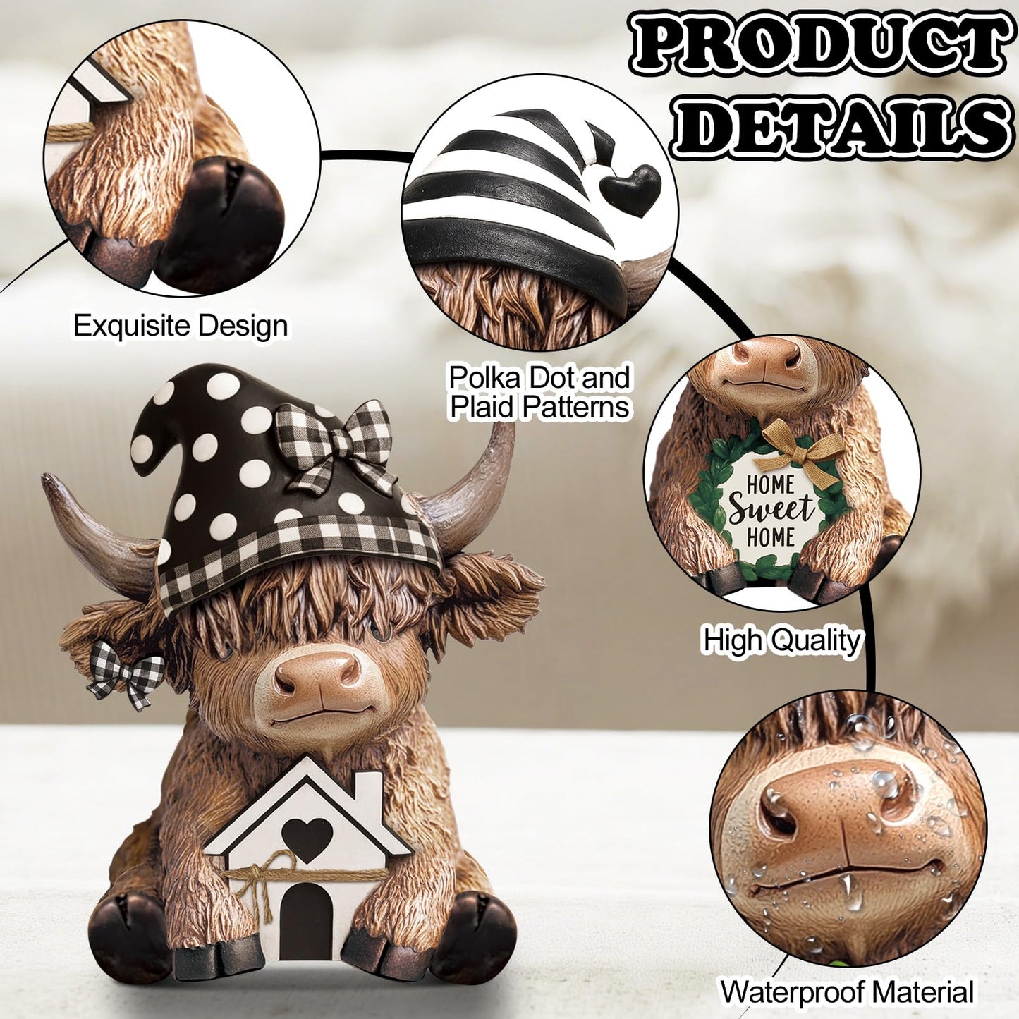 Wesiti 2 Pcs Highland Cow Home Decor Figurines Resin Farmhouse Ornament Set, Cute Cow Statues with House Home Sweet Sign, Rustic Tiered Tray Table Decor Gifts for Garden Kitchen Office