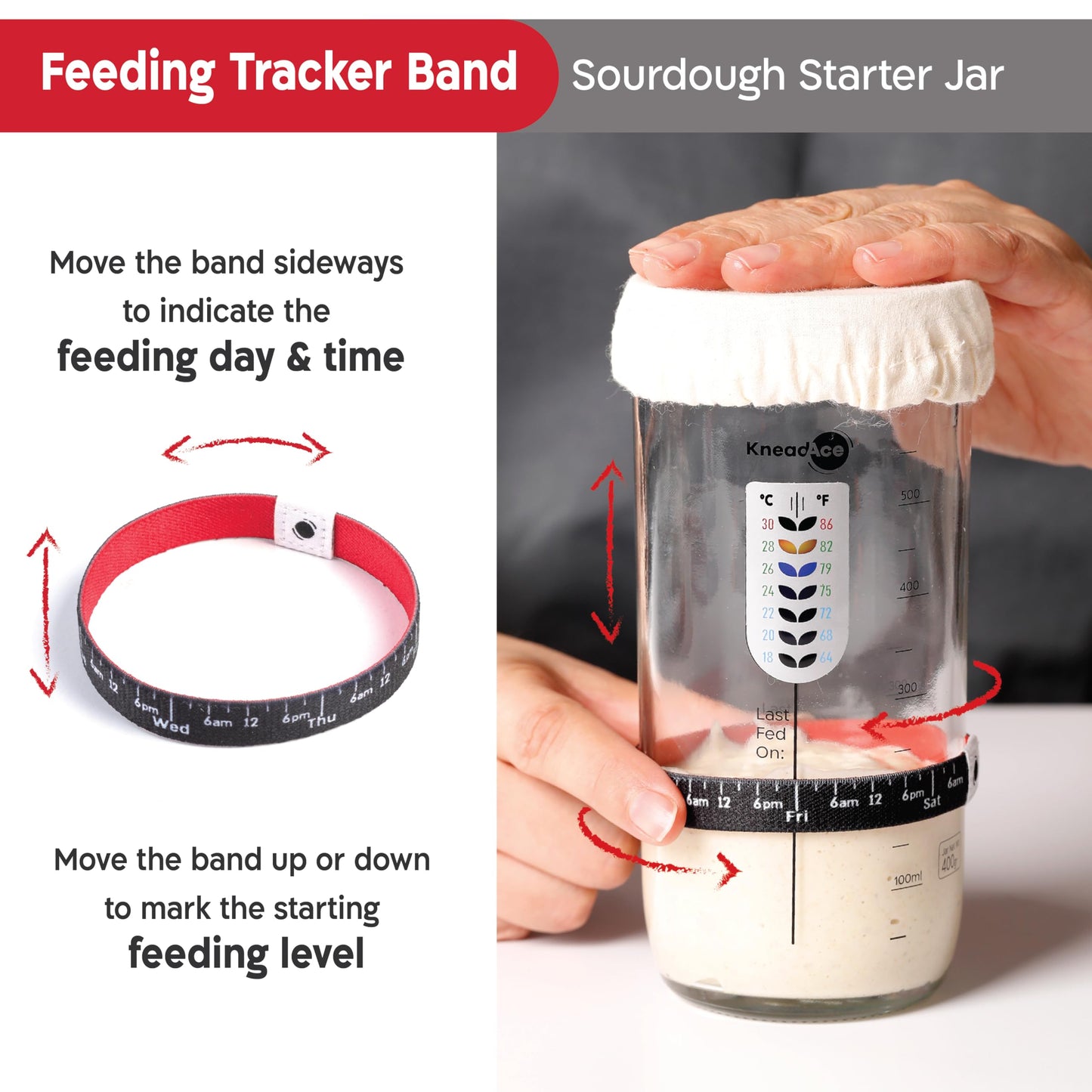 KNEADACE Sourdough Starter Jar With Date Marked Feeding Band, Thermometer, Sourdough Jar Scraper, Sourdough Container Sewn Cloth Cover & Metal Lid, Sourdough Starter Kit