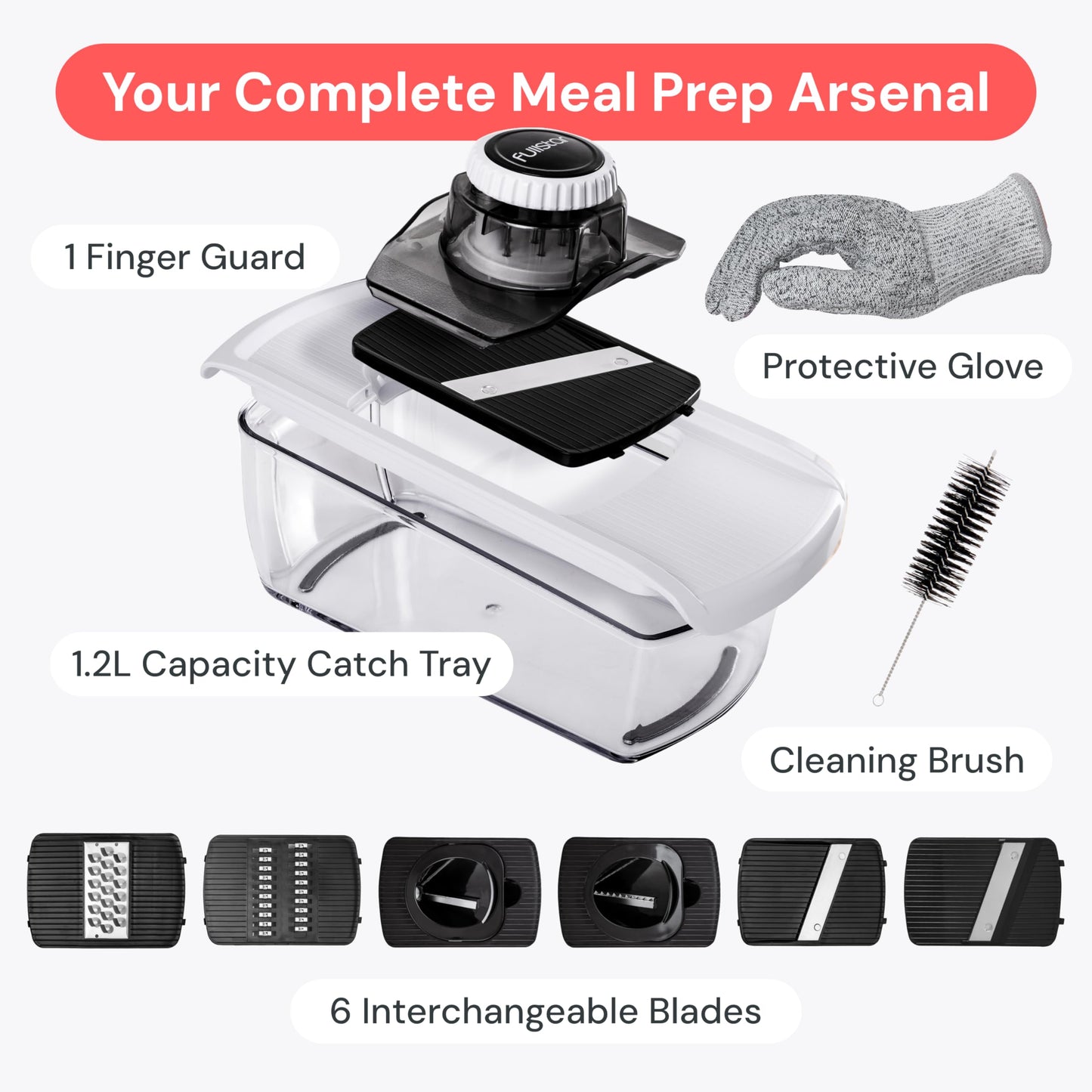 Fullstar Mandoline Slicer for Kitchen, Fruit Cutter, Cheese Grater, Cucumber Slicer, Veggie Spiralizer, Food Cutter & Kitchen Gadgets & Gifts with Safety Glove (6 in 1, Black)