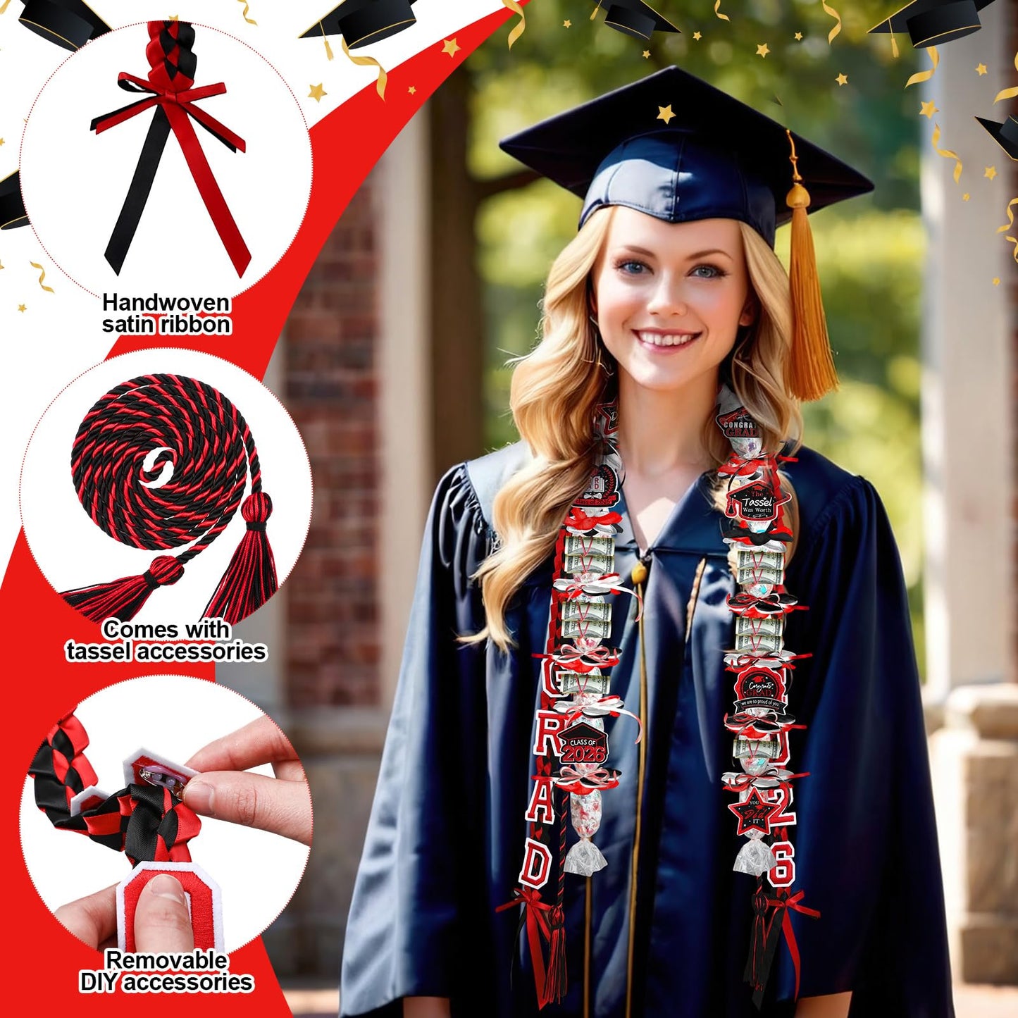 Graduation Candy Lei Making Kit Class of 2026 DIY Lei PE Bags Tubing Money Leis 2026 Graduation Ribbon Necklace Include 2 x 5 ft PE Bags 90 Pcs Flower Accessories for Grad Party Supplies (Black, Red)