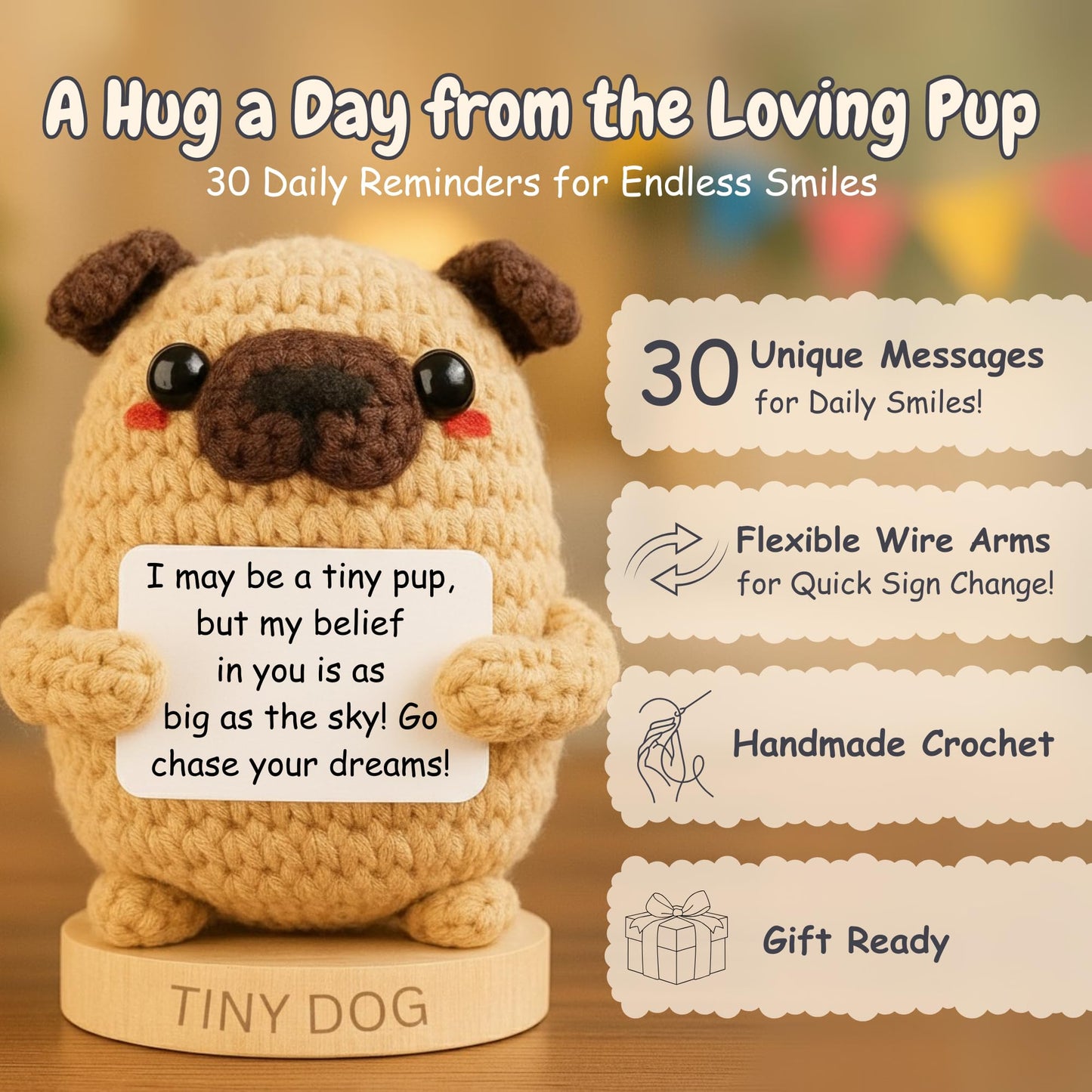 Dog lover Gifts for Women - Handmade Positive Crochet Animal W/ 30 Uplifting Signs - Funny Birthday Gifts for Dog Mom, Cute Present Idea for Women for Mothers Day, Emotional Support Office Desk Decor