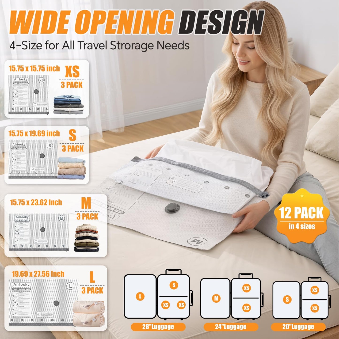 Airlocky Travel Vacuum Storage Bags with Pump, 12 Pack Carry-on Compression Packing Bags + Portable Electric Pump, 80% Space Saver of Clothes, Vacuum Seal Bags for Clothing Travel Luggage