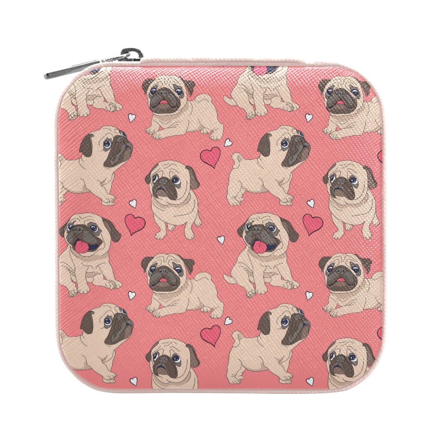 ZZKKO Funny Cartoon Pug Puppy Small Jewelry Box Travel Jewelry Case Leather Jewelry Travel Organizer Mini Portable Storage Boxes for Womens Rings Necklaces Gifts Pink