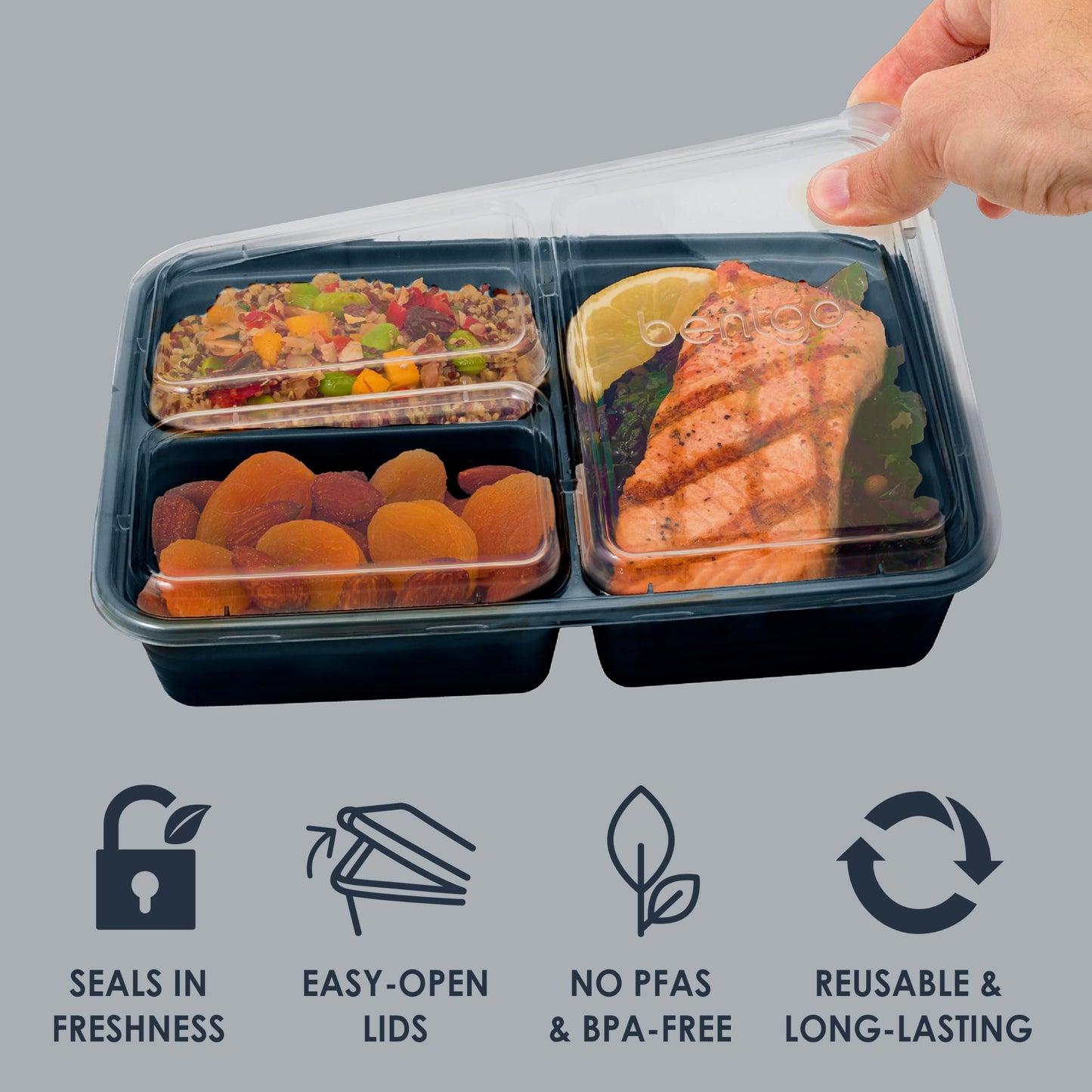 Bentgo Prep - 20-Piece 3-Compartment Reusable Meal Prep Containers with Lids, PFAS & BPA Free Materials, Durable, Microwave, Freezer, & Dishwasher Safe To Go Food Storage (Navy Blue)