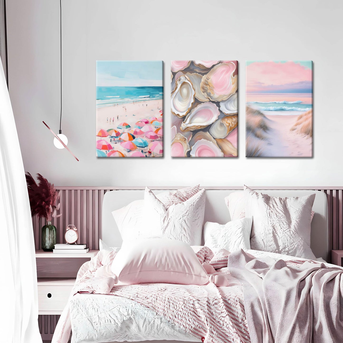 Preppy Coastal Canvas Wall Art Set of 3, Trendy Pink Beach Wall Decor Paintings, Summer Beachy Shells Oyster Aesthetic Posters Prints Pictures for Girls Room Dorm Bathroom Bedroom 16x24 Inch Framed